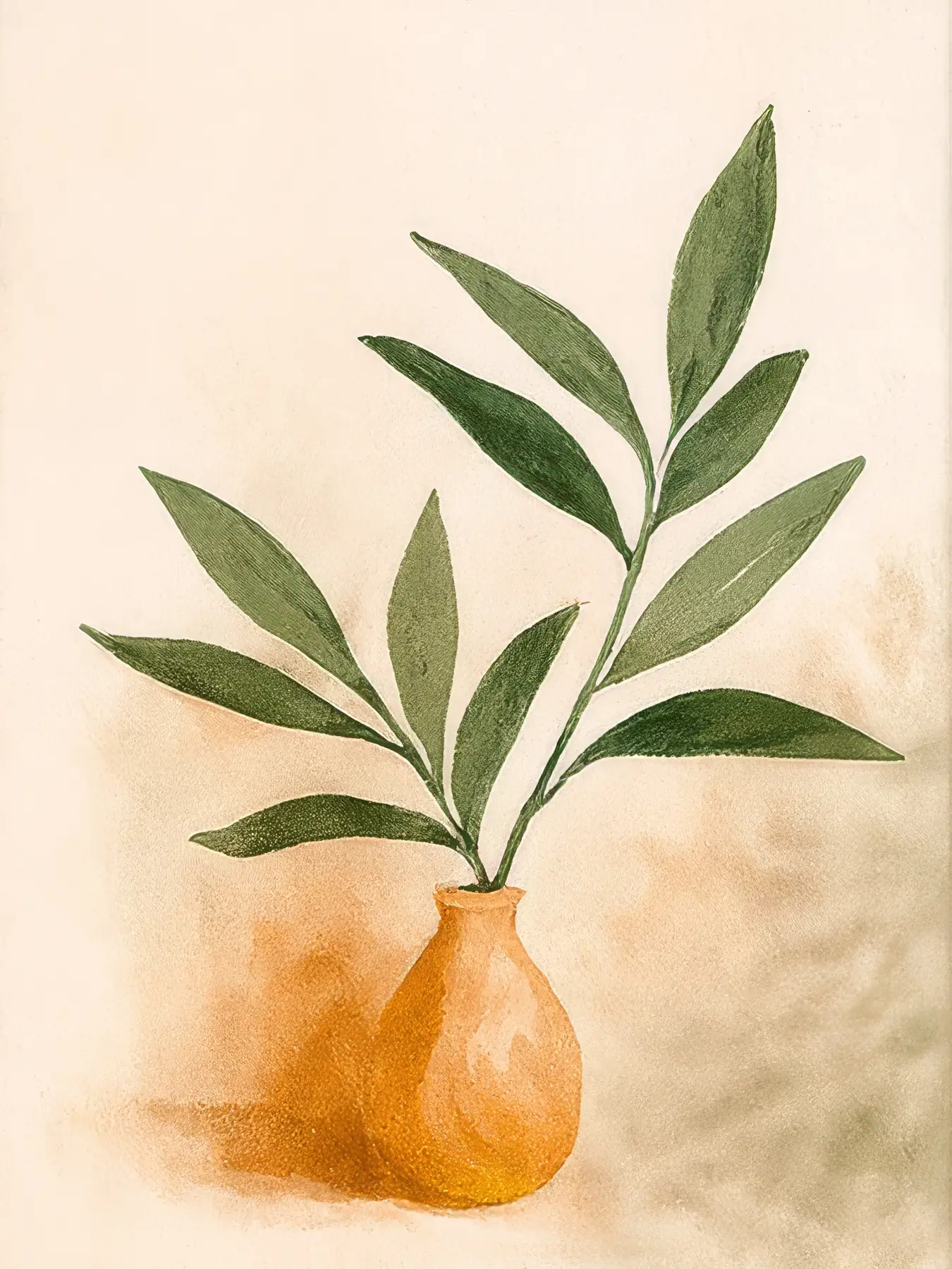 Onlly poster, Green Branch in a Rounded Vase: A leafy green stem grows from a warm ochre vessel on pale ground.