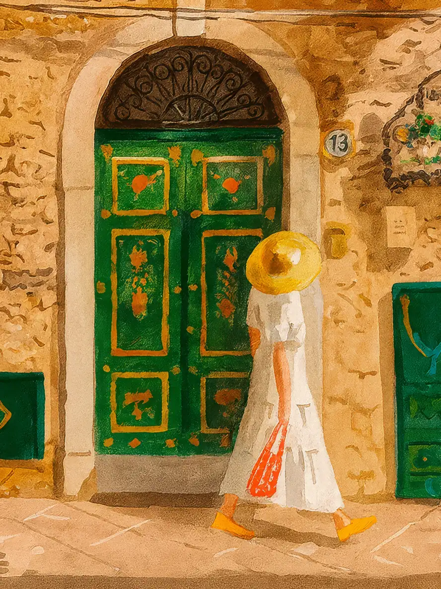 Onlly poster, Woman at an Ornate Green Door: A woman in a pale dress pauses before an old green doorway framed by stone.