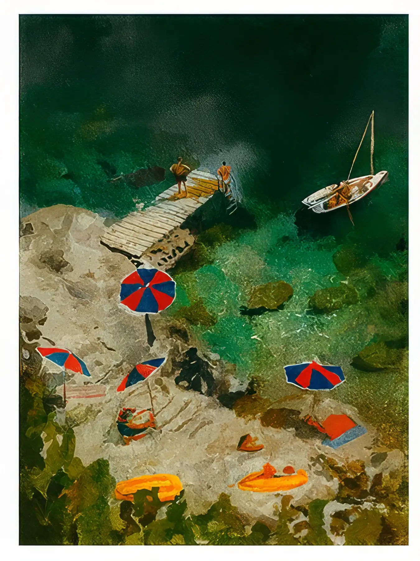 Onlly poster, Swimmers beneath the Water: Tiny swimmers and umbrellas drift across a deep green-blue pool-like scene.
