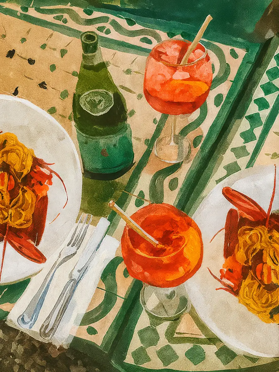 Onlly poster, Mediterranean Lunch from Above: A colourful spread of salad, bread and citrus is arranged on a patterned table.