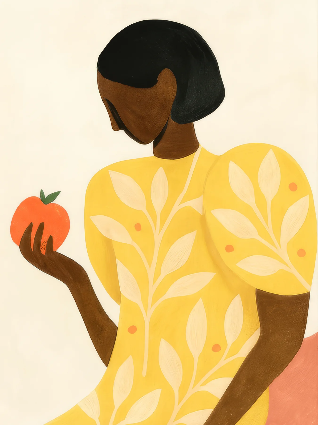 Onlly poster, Woman Holding a Red Fruit: A woman in a yellow dress holds a small fruit against a warm orange background.