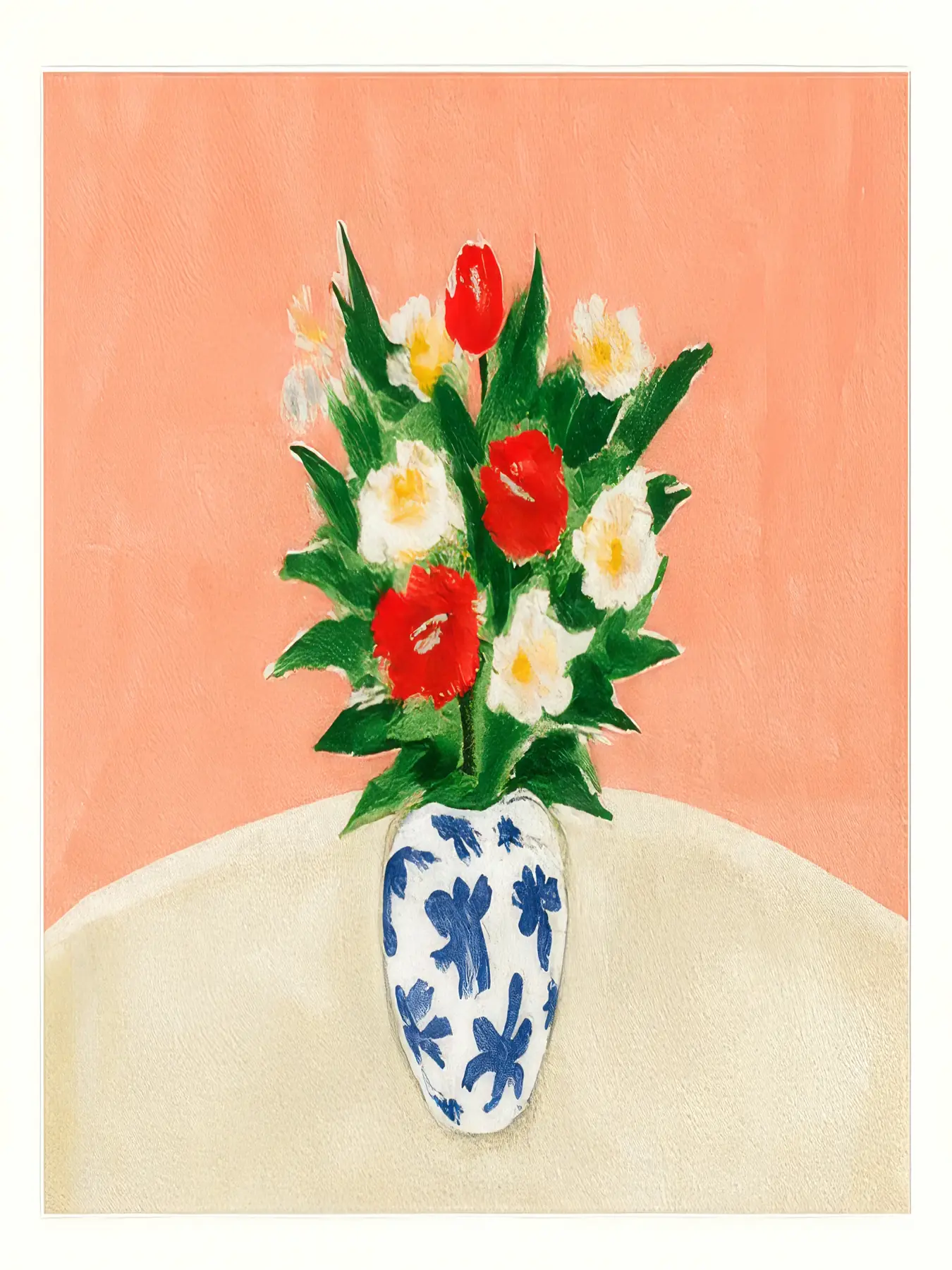 Onlly poster, Red Flowers in a Blue Vase: A lush bouquet of red blooms and green leaves fills a blue-and-white vase.