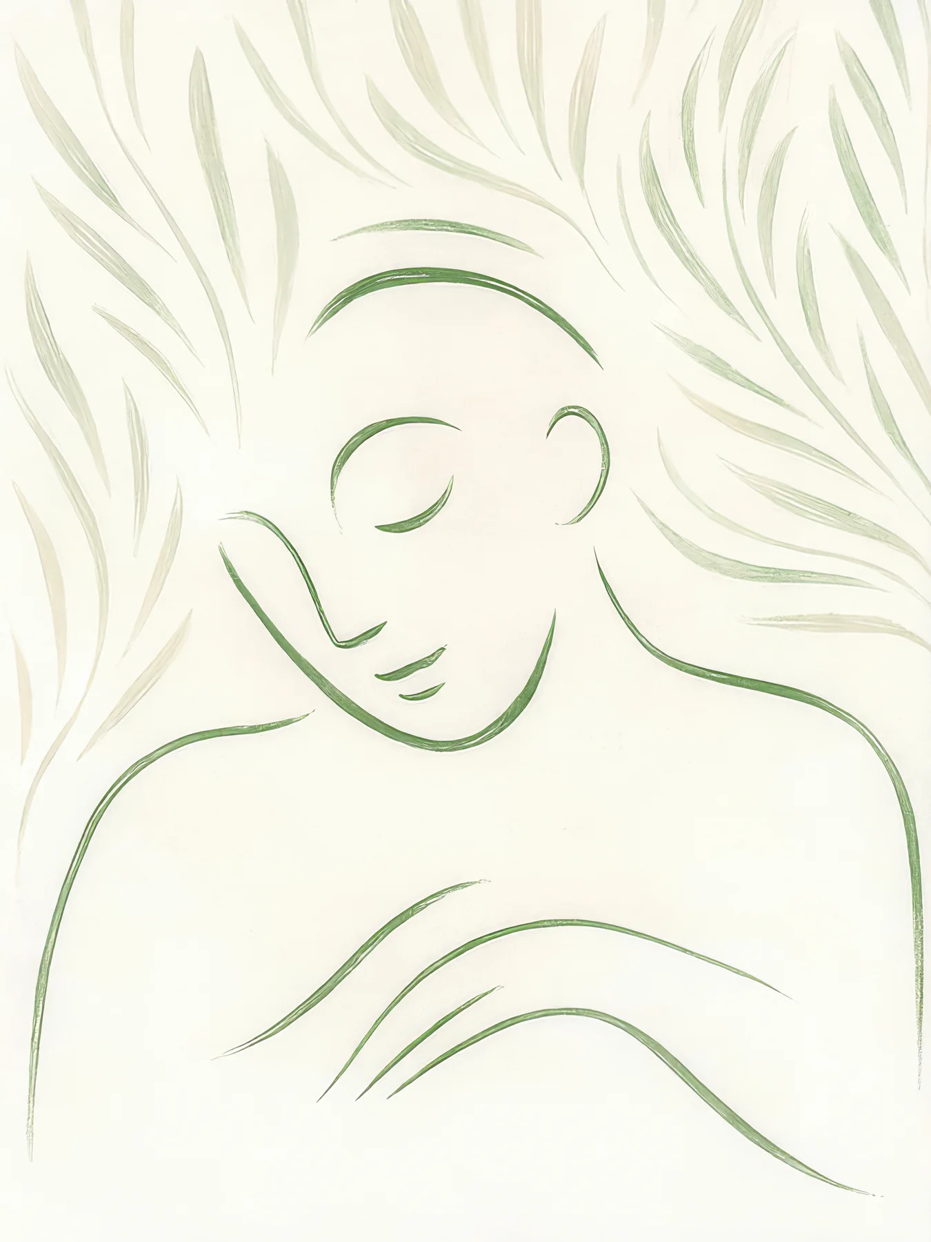 Onlly poster, Continuous Line Figure: A few fine black lines suggest a serene face and shoulders on cream.
