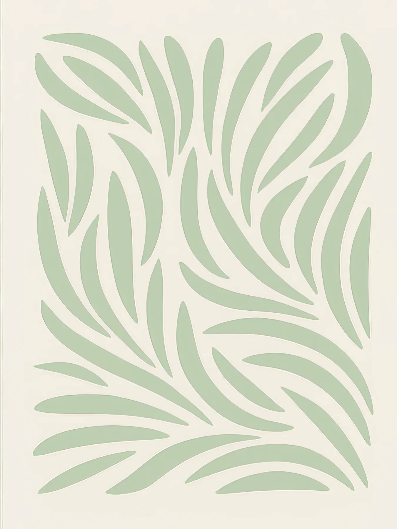 Onlly poster, Soft Green Leaf Pattern: Pale green leaves and stems repeat in a low-contrast decorative field.