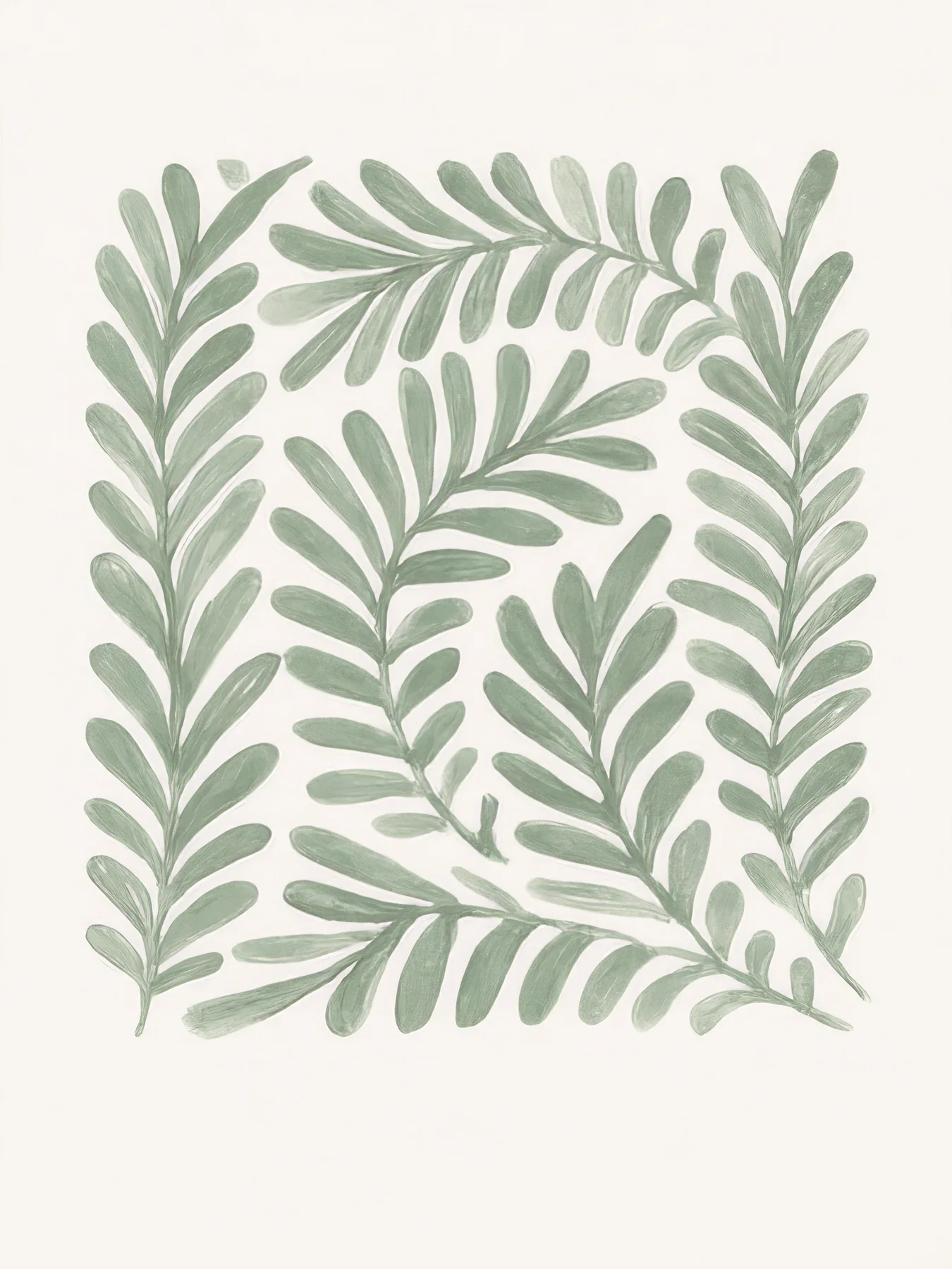 Onlly poster, Dense Botanical Motif: Fine green leaves and branches form a dense repeating pattern on cream.