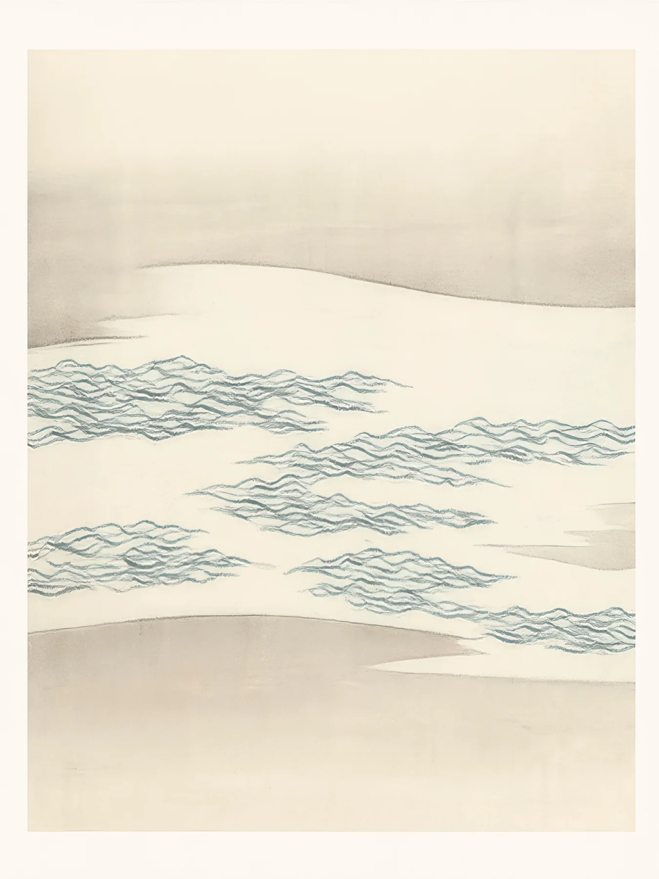 Onlly poster, Quiet Tide Lines: Soft blue-grey lines ripple over a pale coastal field.