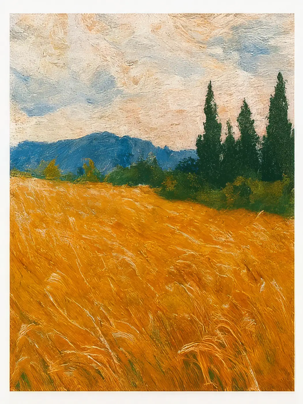 Onlly poster, Golden Field and Blue Hills: A warm golden field stretches toward blue-green hills beneath a pale sky.