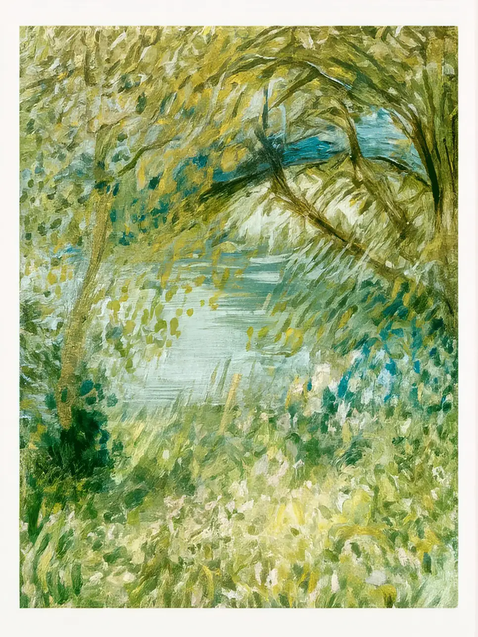 Onlly poster, Woodland Path in Green: A winding path leads through a lush green woodland of layered brushwork.