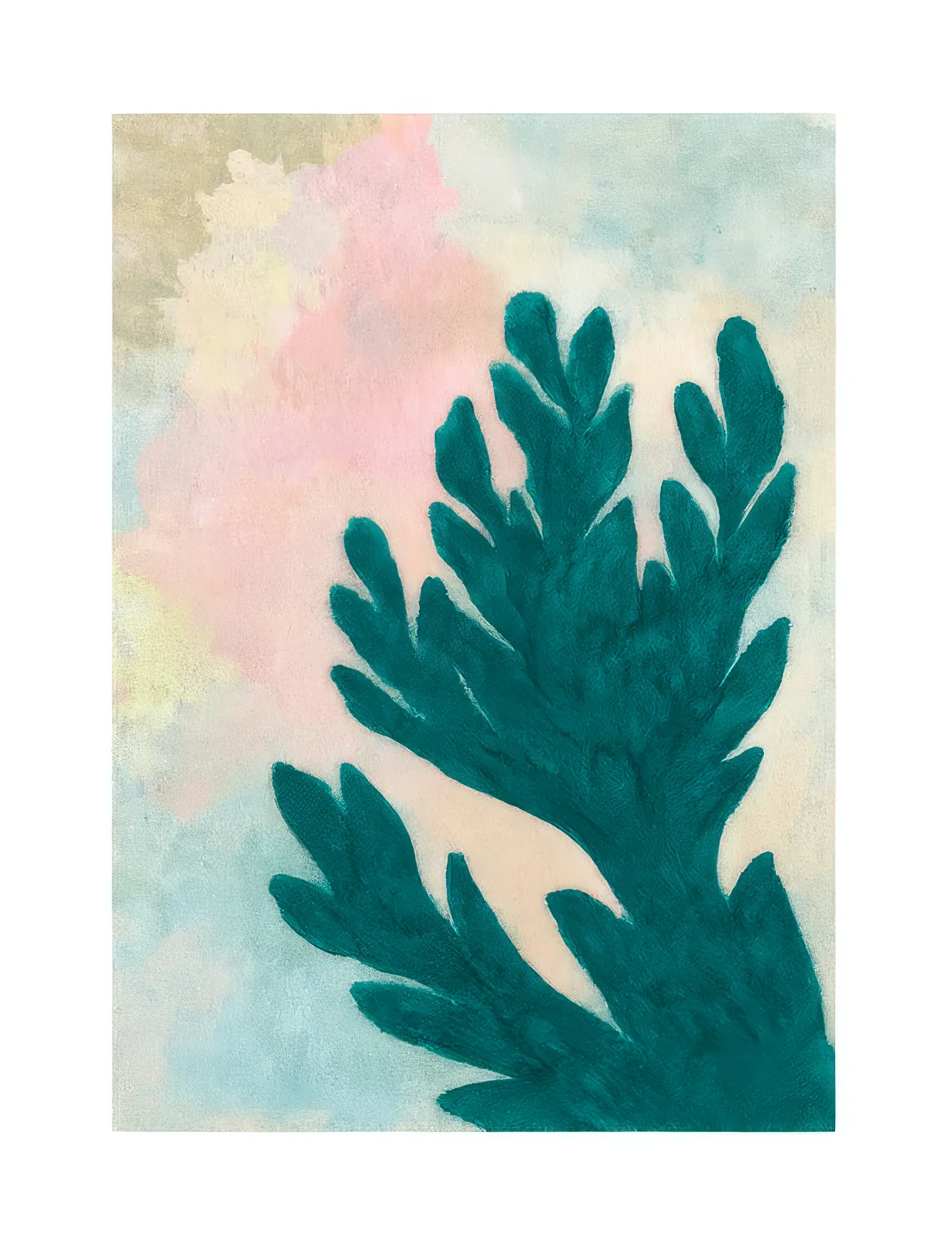 Onlly poster, Teal Botanical Frond: A dark teal leafy form rises against a softly washed pale ground.