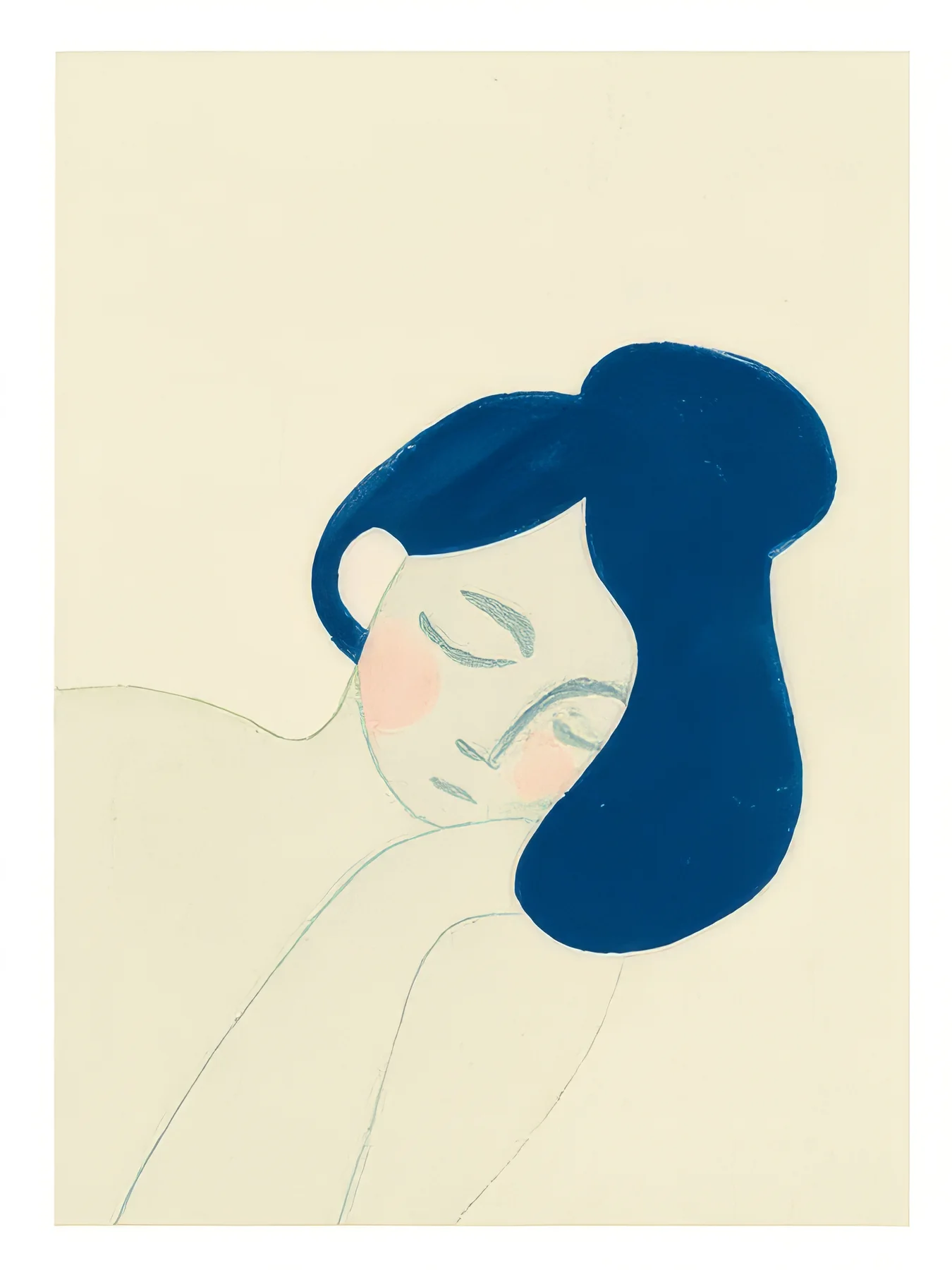 Onlly poster, Woman with Blue Hair: A quiet portrait shows a woman with dark blue hair and closed eyes.