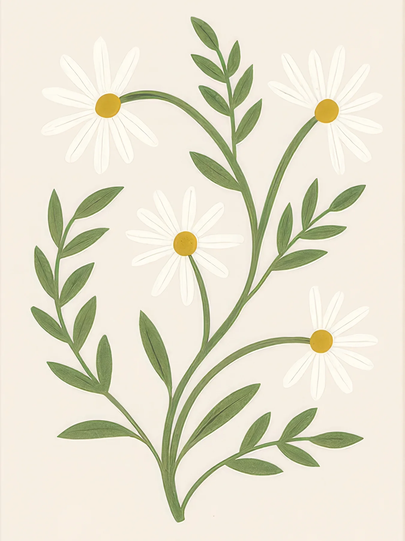 Onlly poster, Small Daisies and Green Stems: Several white daisies and slender stems are arranged on warm ivory.