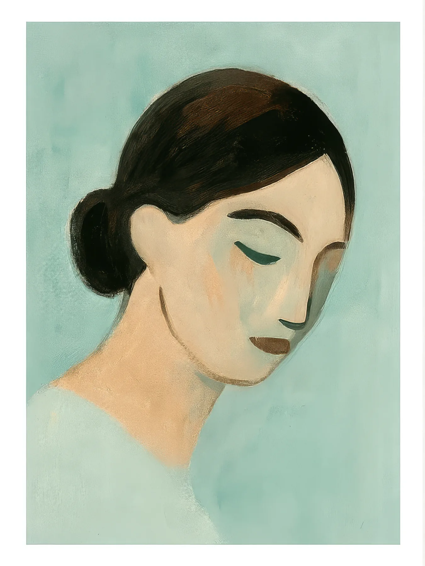 Onlly poster, Woman with Closed Eyes: A softly painted woman with dark hair rests against pale green.