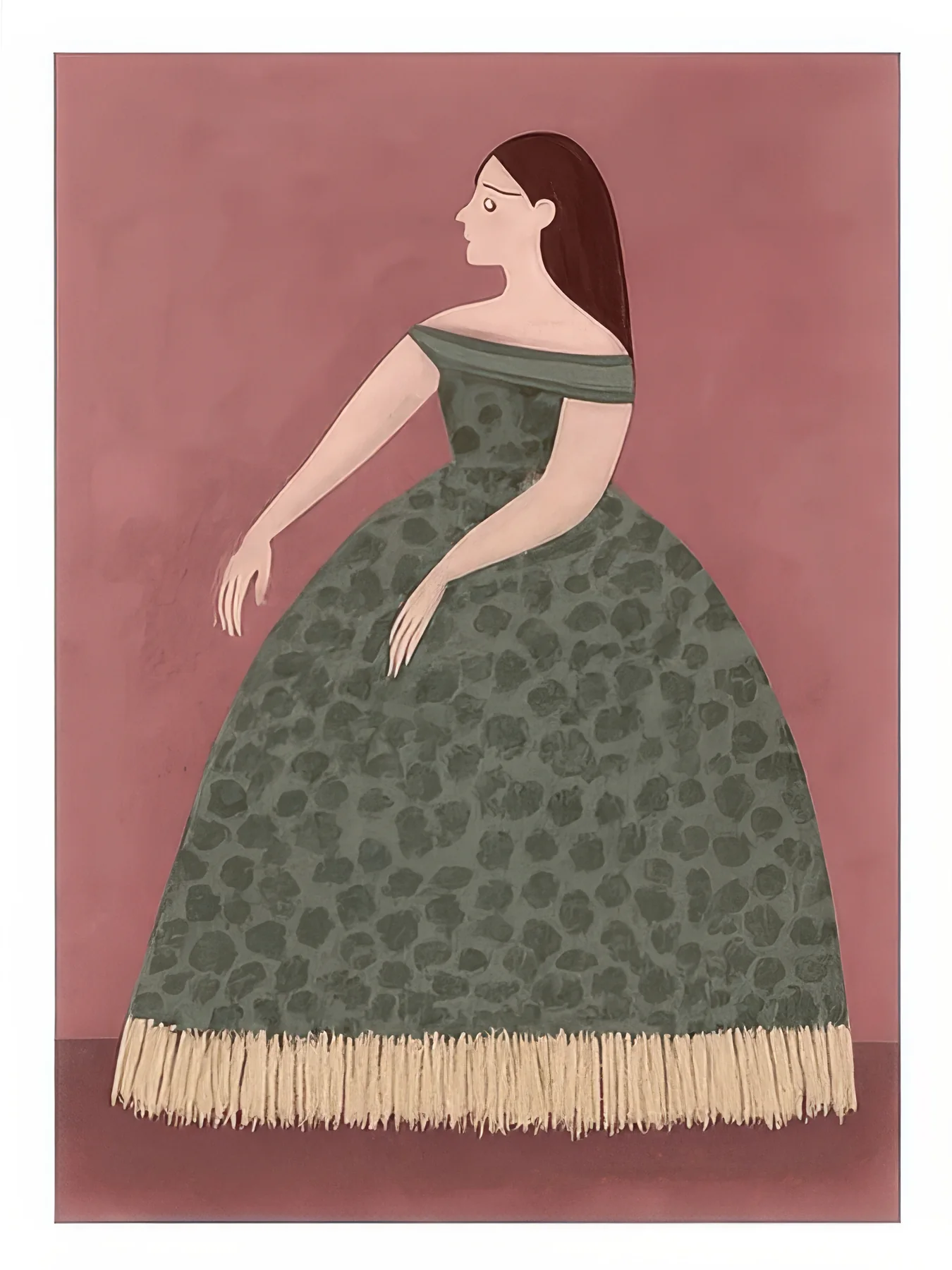 Onlly poster, Woman in a Long Patterned Skirt: A woman stands in a flowing dark patterned skirt against dusty rose.