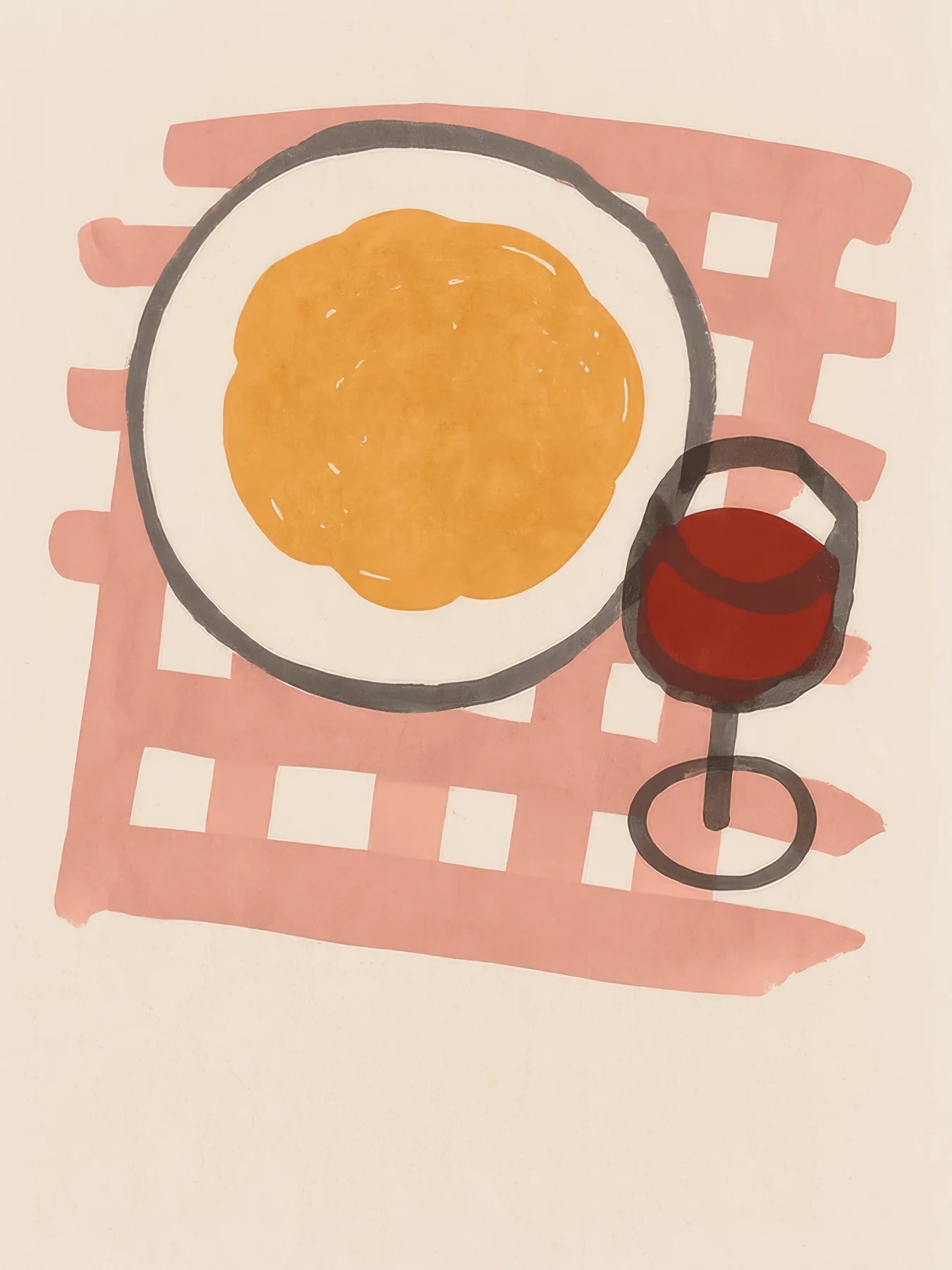 Onlly poster, Brunch from Above: A plate, a glass of red drink and checked cloth create a warm overhead table scene.