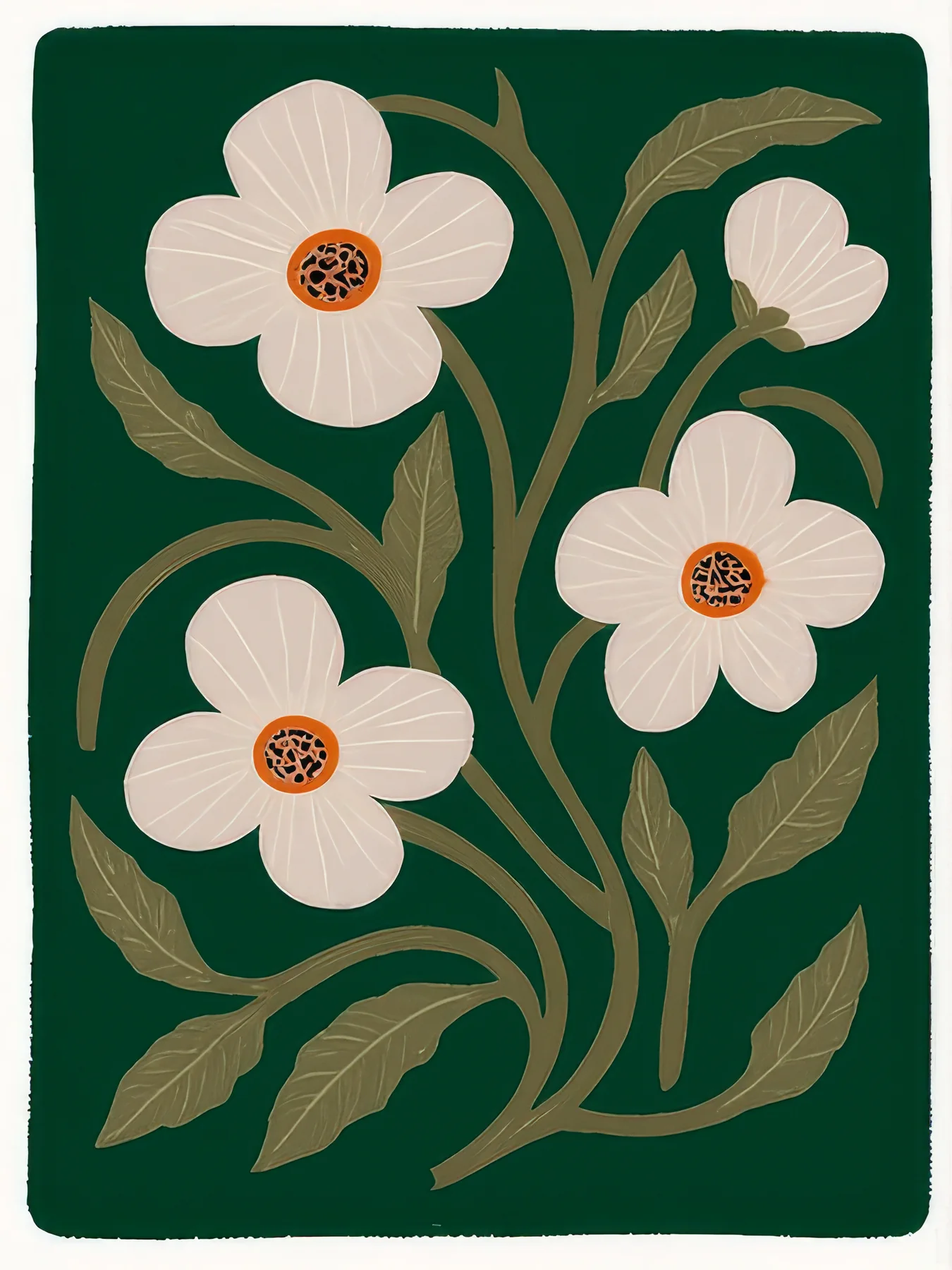 Onlly poster, White Flowers in a Dark Vase: Pale flowers and green leaves rise from a striped vase on deep green.