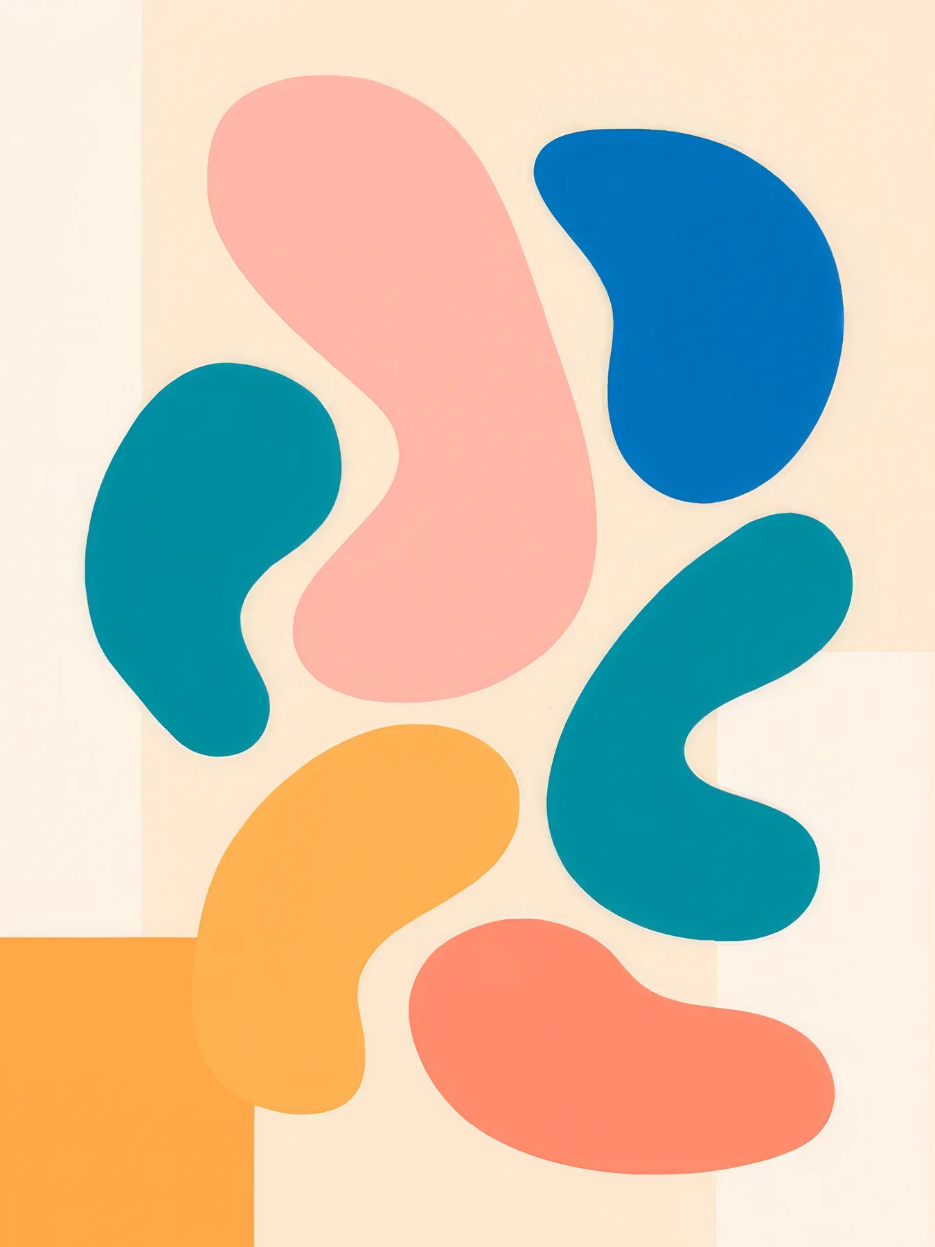 Onlly poster, Colourful Organic Shapes: Rounded shapes in teal, blue, coral and cream overlap in a lively abstract composition.