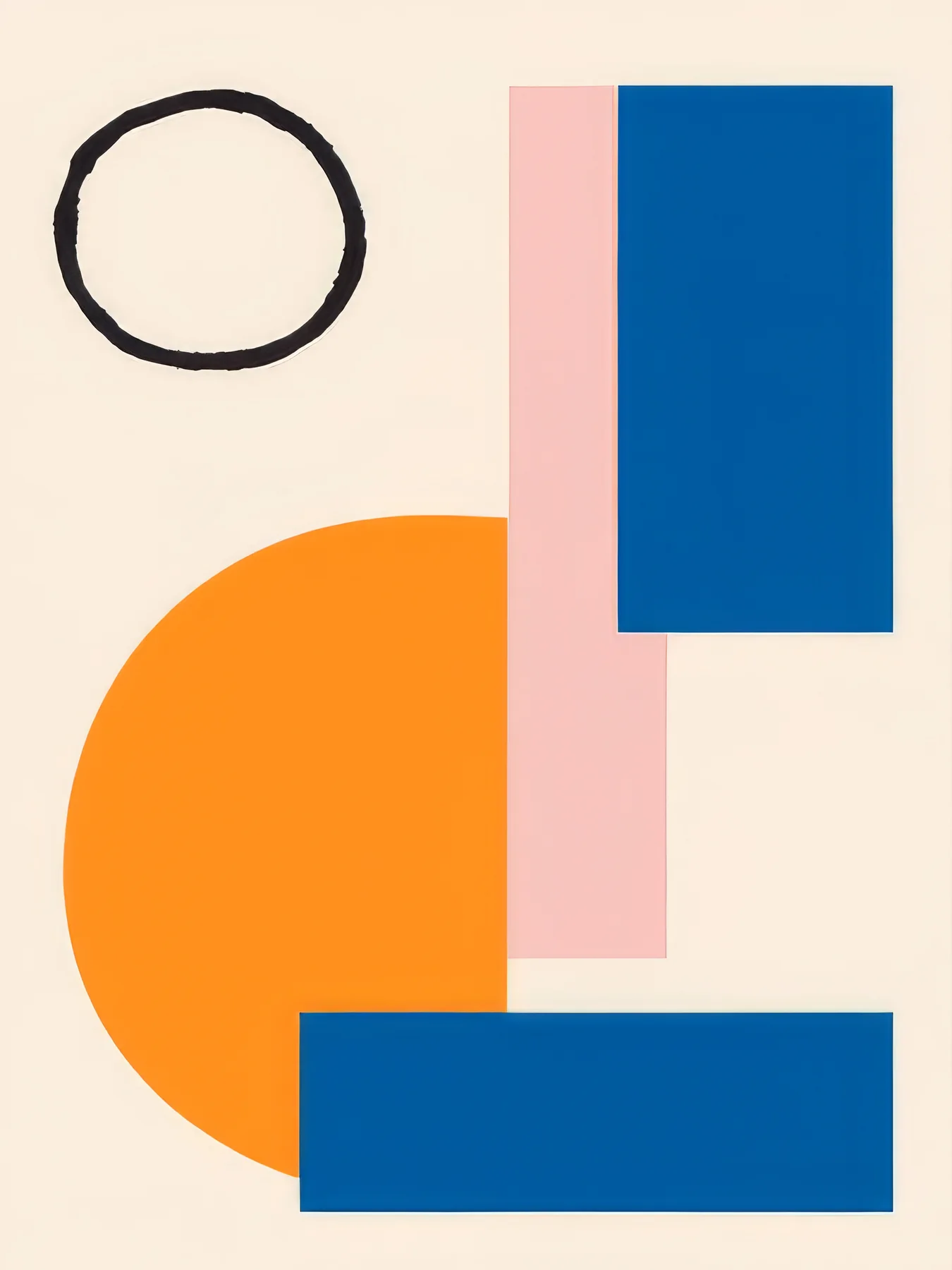 Onlly poster, Circle and Blue Rectangle: A warm orange circle, blue block and dark line compose a graphic geometric study.