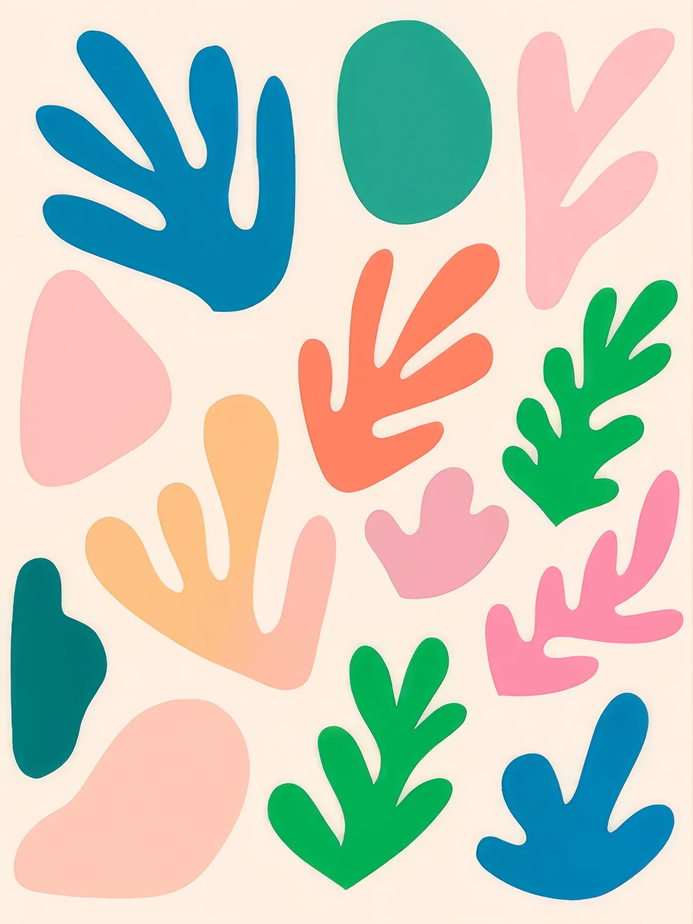 Onlly poster, Colourful Leaves and Petals: Bright abstract leaves and flowers in blue, coral, green and ochre fill the page.
