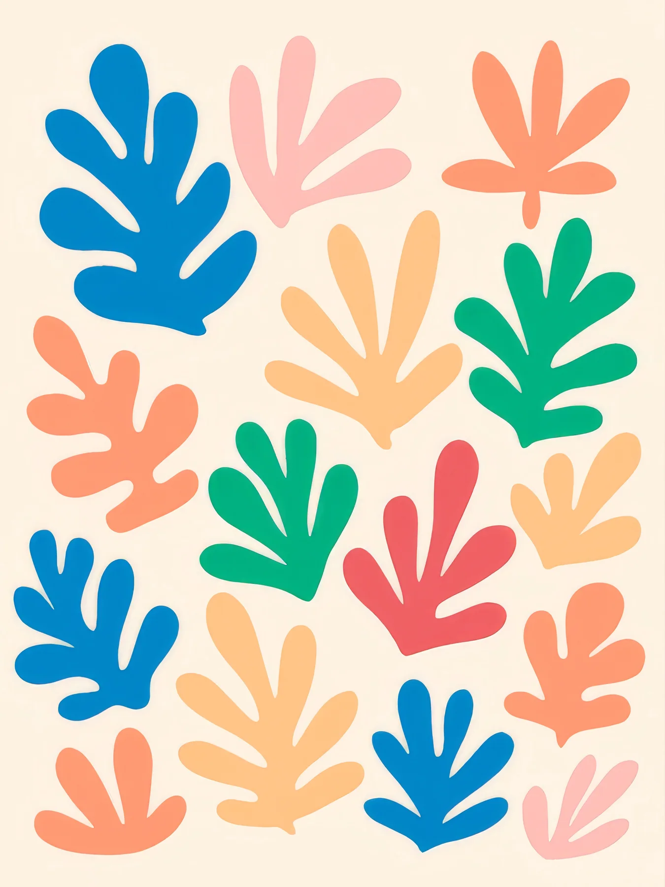 Onlly poster, Bright Leaf Motifs: Stylized botanical forms in blue, pink, orange and green repeat loosely.
