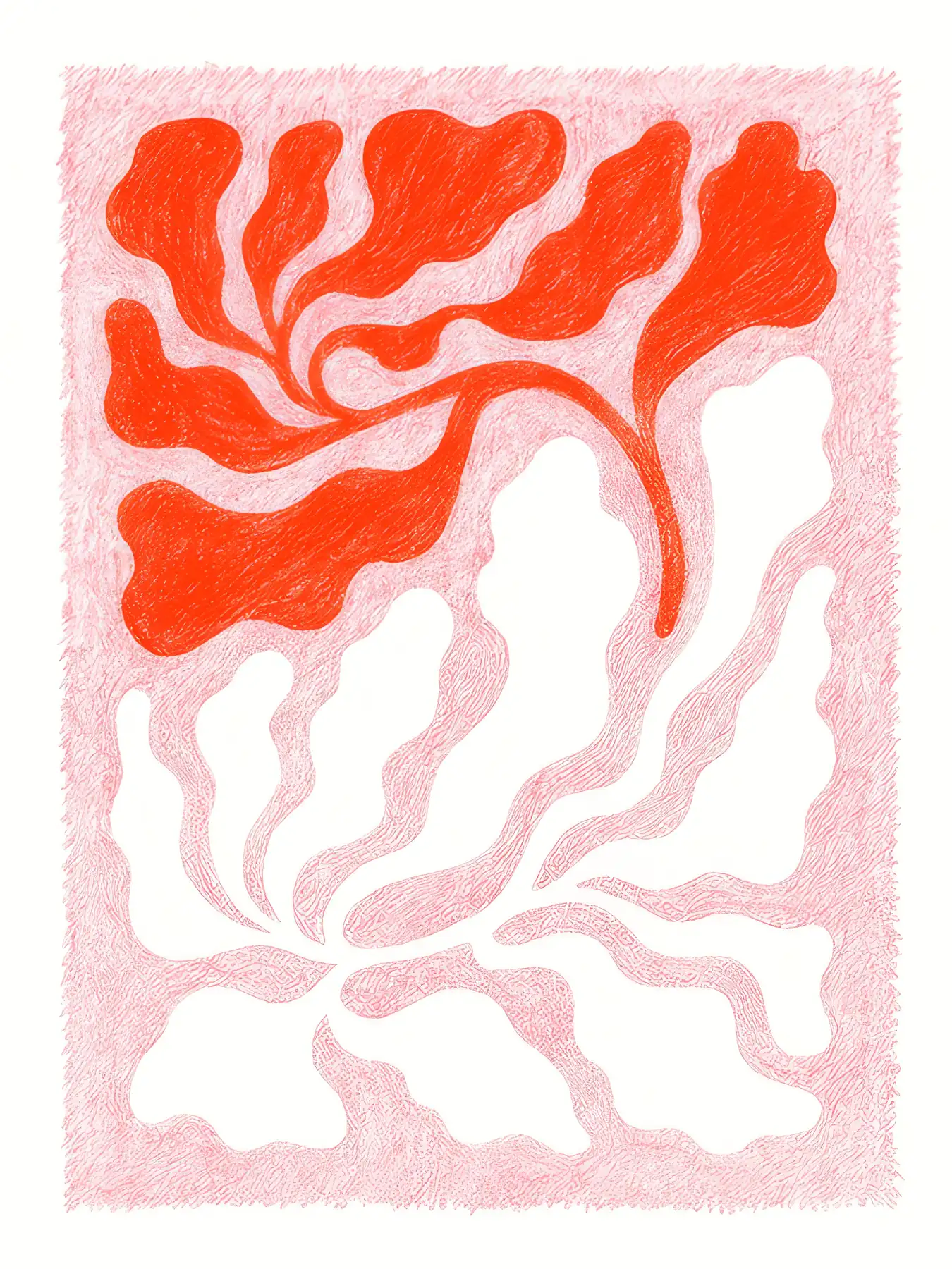Onlly poster, Coral Abstract Branches: Red coral-like organic forms and wavy lines spread across a pale ground.