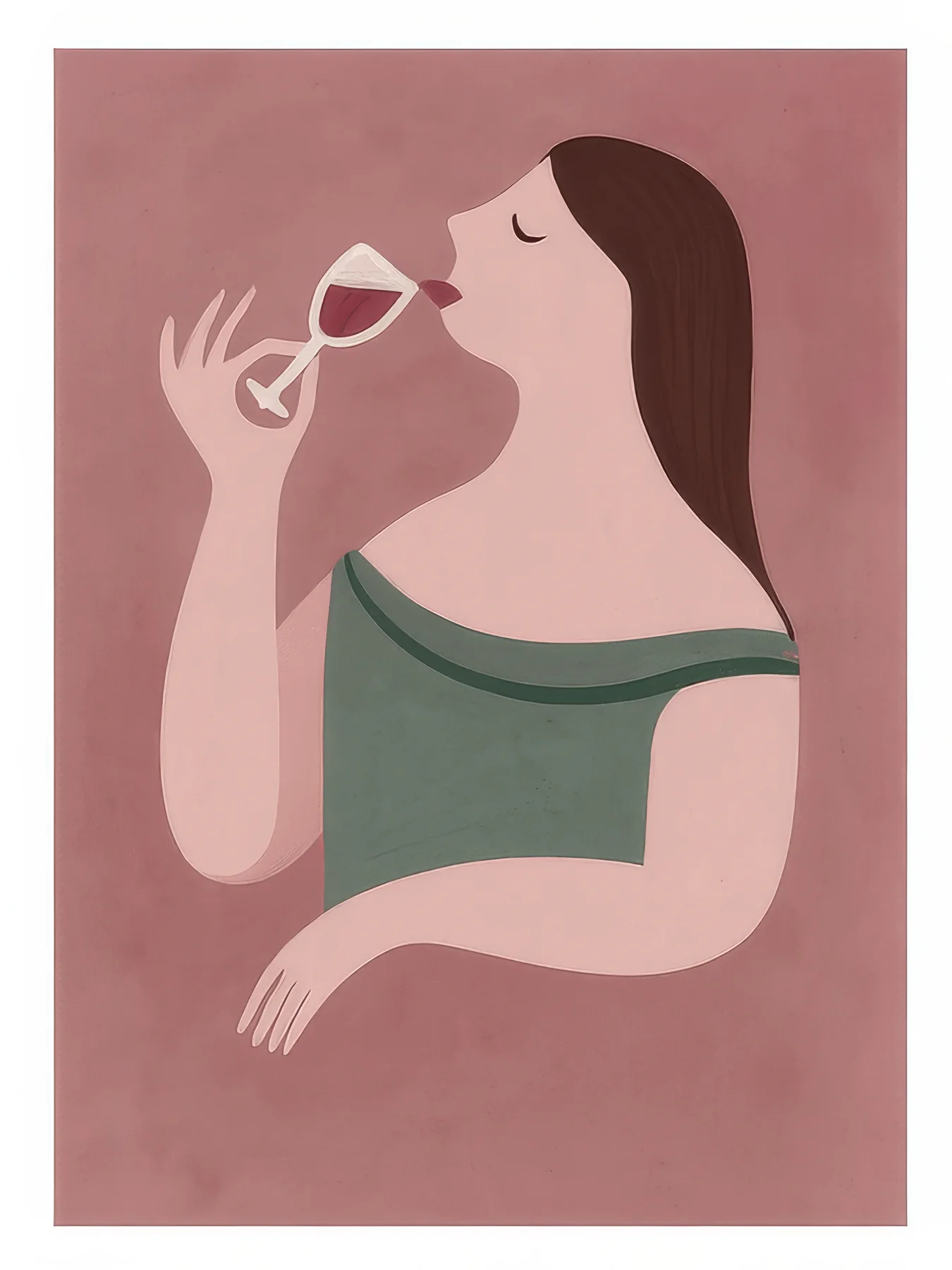 Onlly poster, Woman with a Glass of Wine: A seated woman raises a glass in a relaxed, warm-pink portrait.