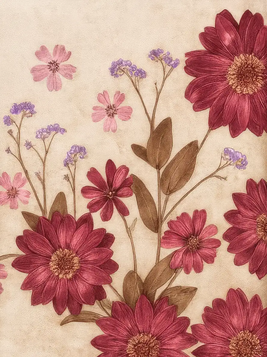 Onlly poster, Burgundy Meadow Flowers: Fine stems and small burgundy flowers form a soft all-over botanical design.