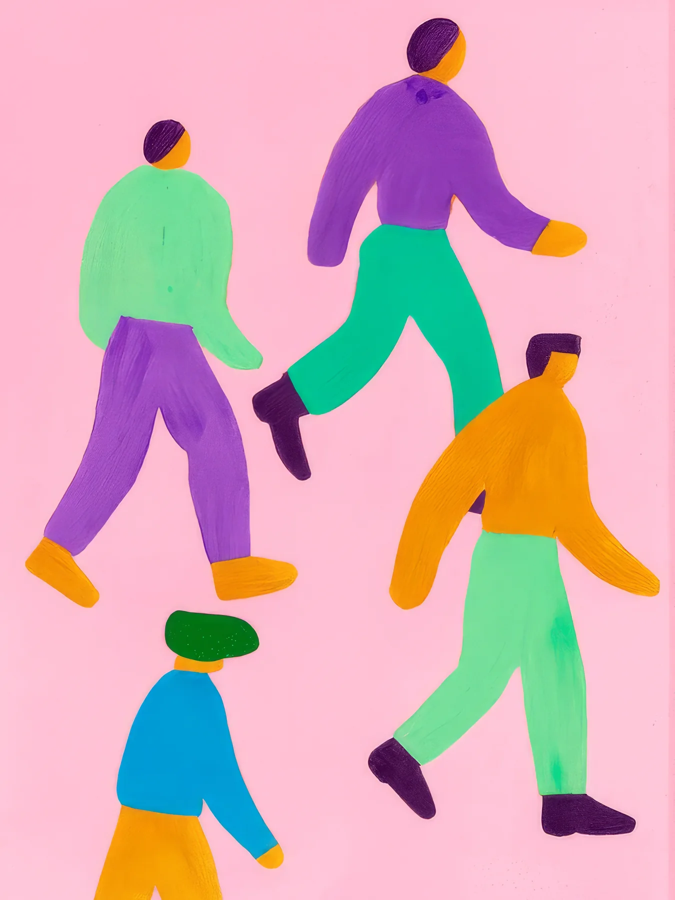 Onlly poster, Dancers in Bright Colours: Four simplified figures dance in vivid pink, purple, green and orange.