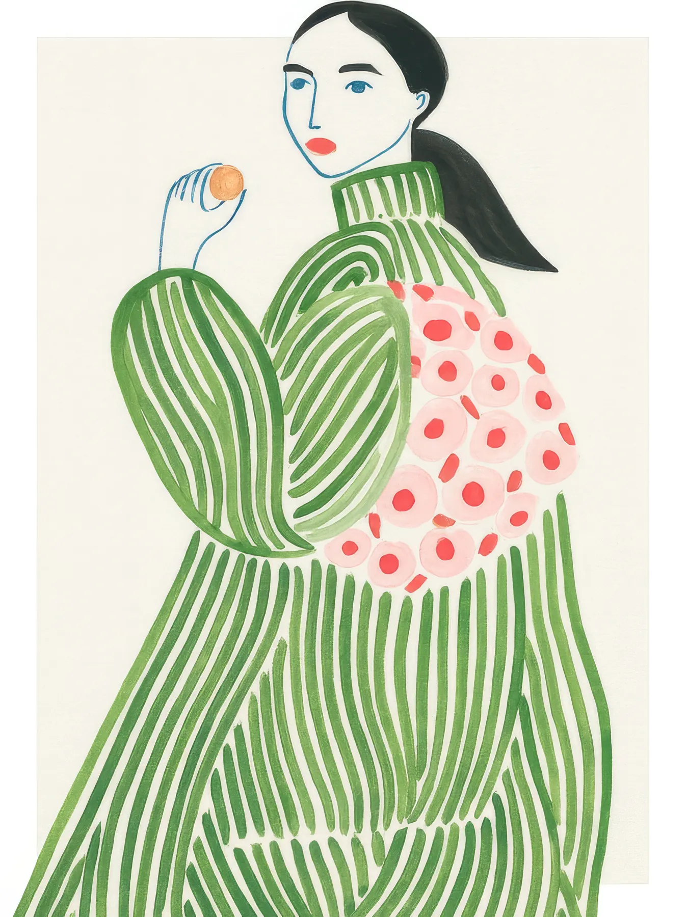 Onlly poster, Woman in a Green Striped Dress: A seated figure wears a long green striped dress dotted with small leaves.