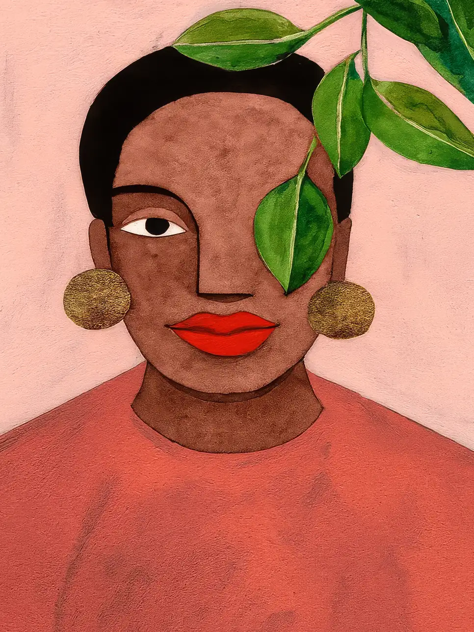 Onlly poster, Woman with Green Leaves: A close portrait of a dark-skinned woman is framed by broad green leaves.