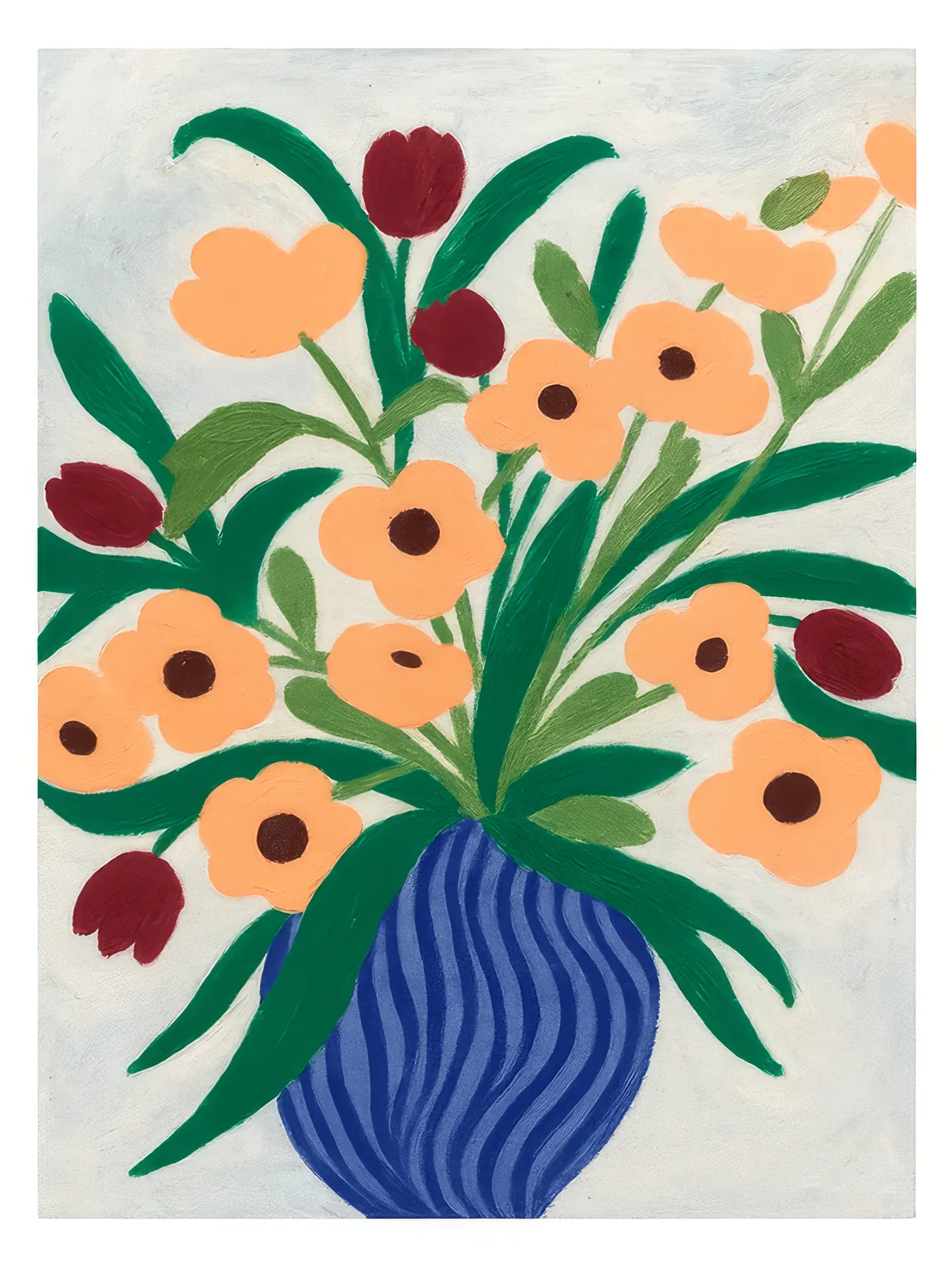 Onlly poster, Wildflowers in a Blue Vase: A generous bouquet of coral, yellow and blue blooms fills a deep-blue vase.