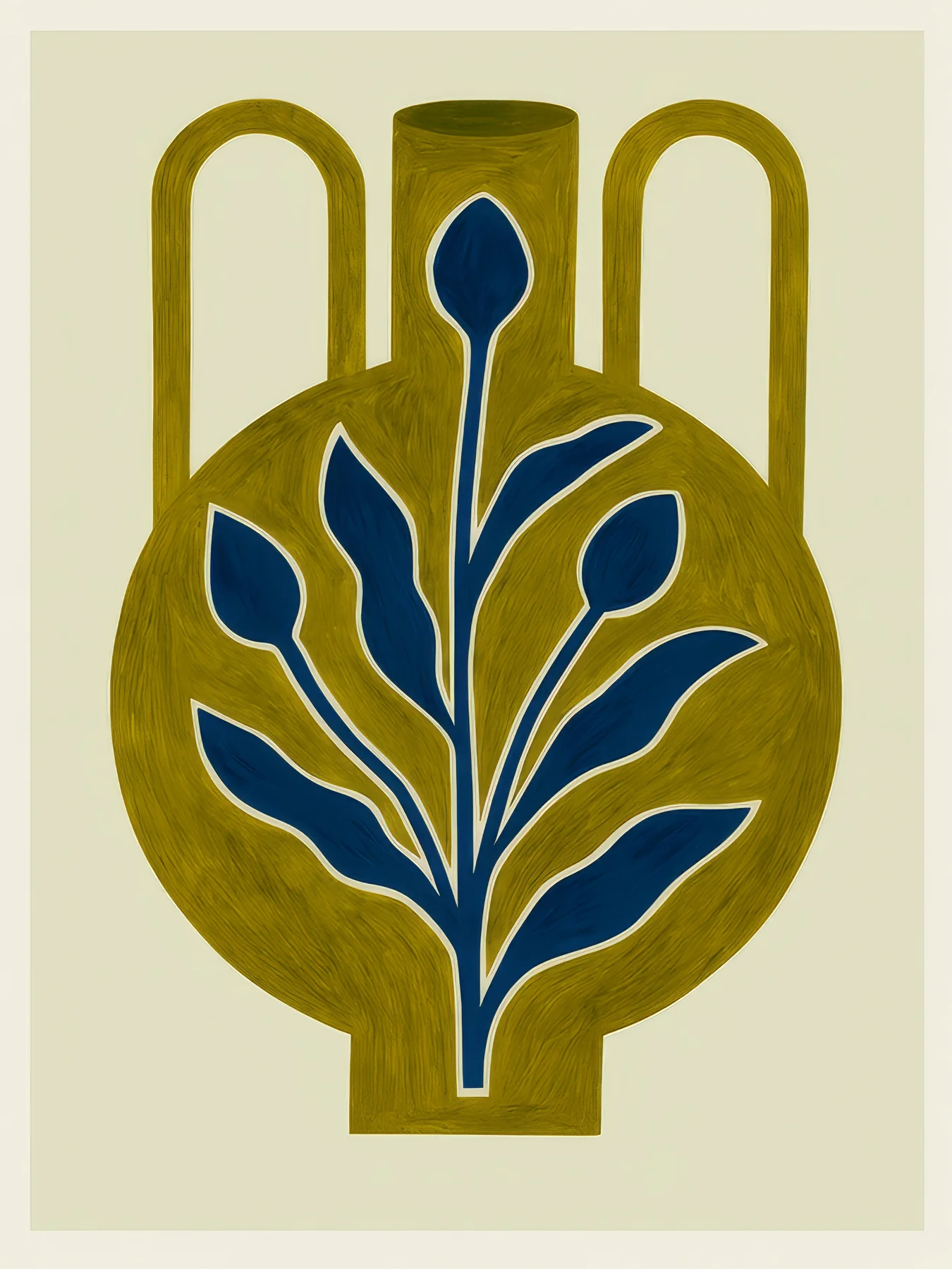 Onlly poster, Ornamental Green Vase: An olive-green vessel with a symmetrical leafy design stands on pale ground.
