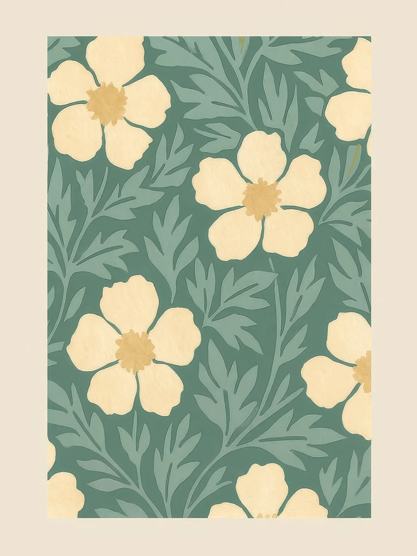 Onlly poster, Pale Blue Floral Pattern: Small cream flowers and green leaves repeat across a muted blue ground.