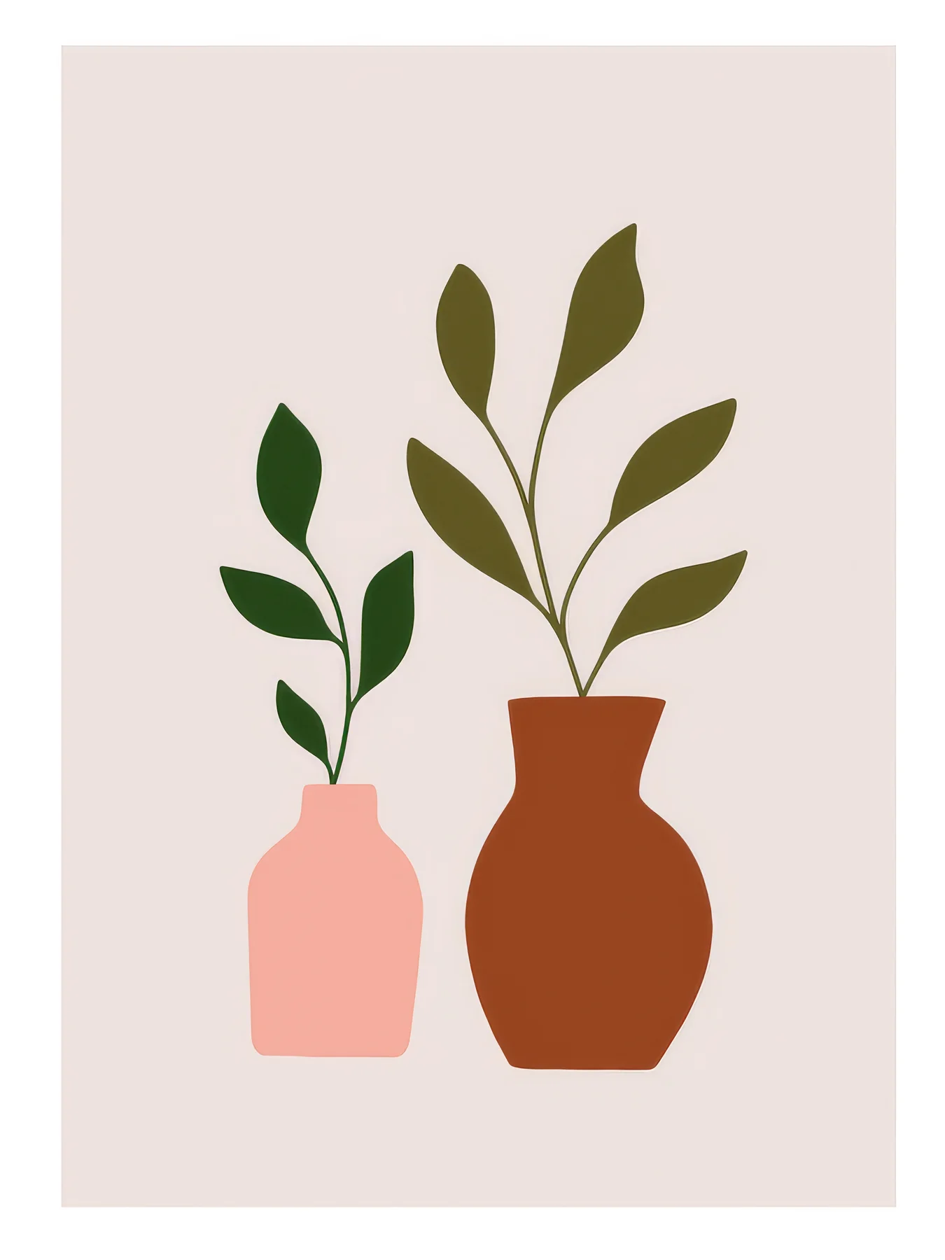 Onlly poster, Two Vases with Green Stems: A pair of pale pink and terracotta vessels holds small leafy branches.