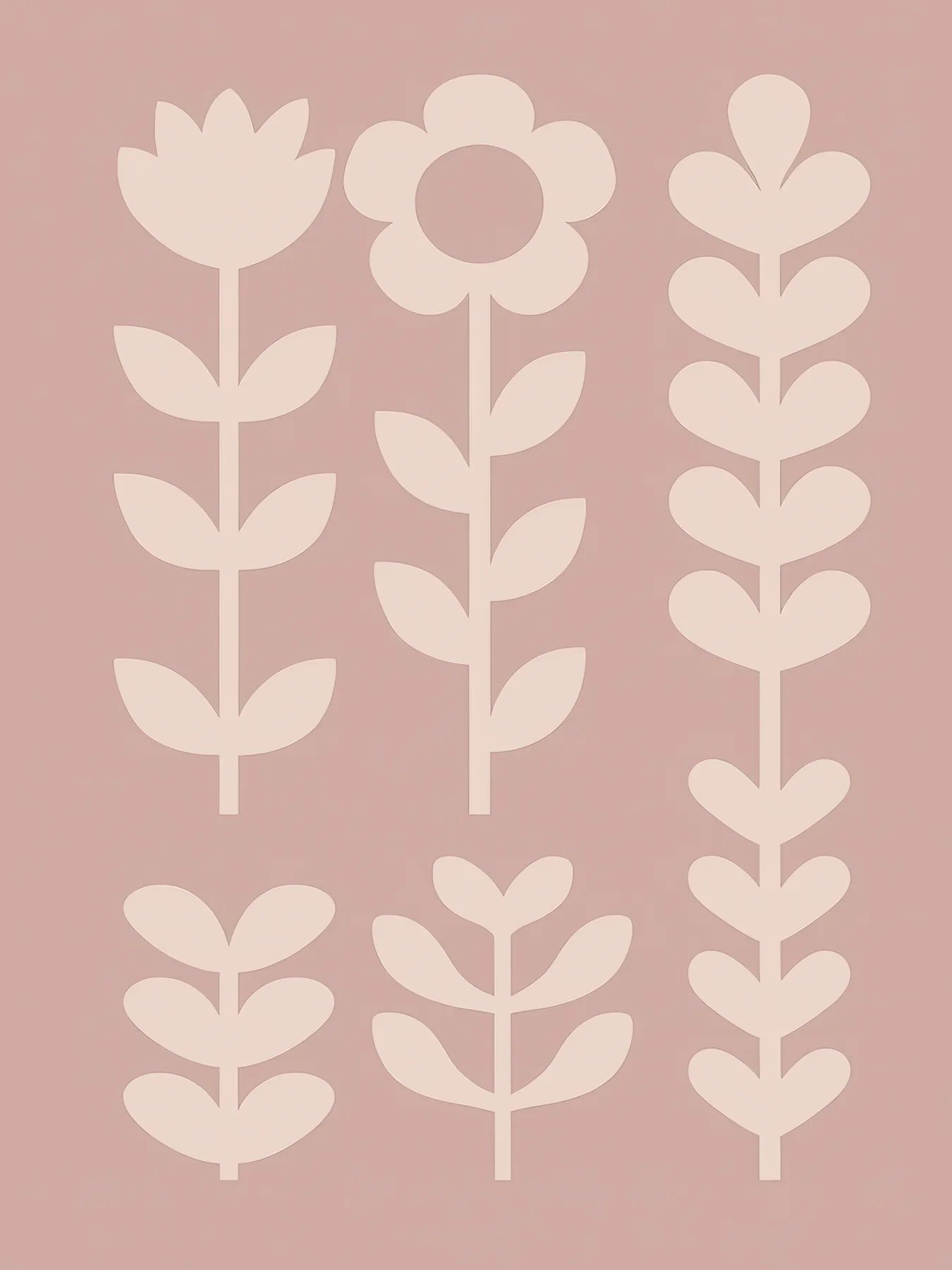 Onlly poster, Blush Leaves in Rows: Pale botanical silhouettes repeat vertically across a muted rose background.