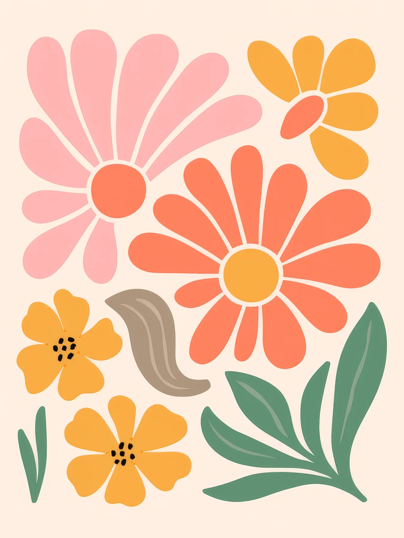 Onlly poster, Daisy Garden Pattern: Pink and orange daisies with green leaves repeat in a lively composition.