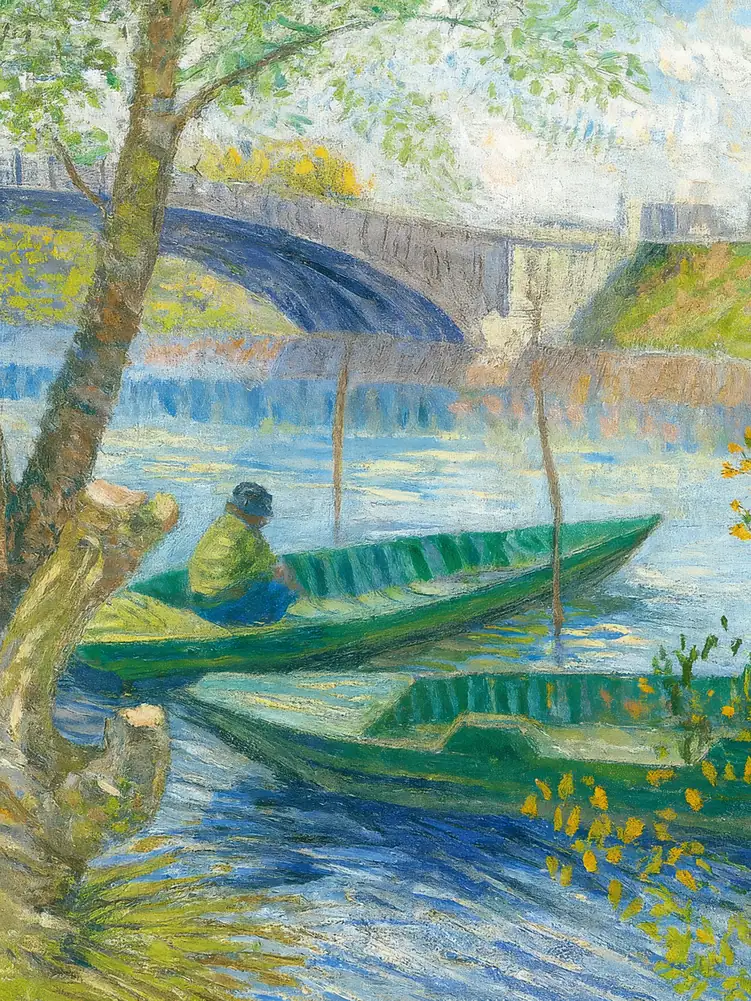 Onlly poster, River Bridge through Greenery: A painterly bridge crosses a river beneath trees and soft green foliage.