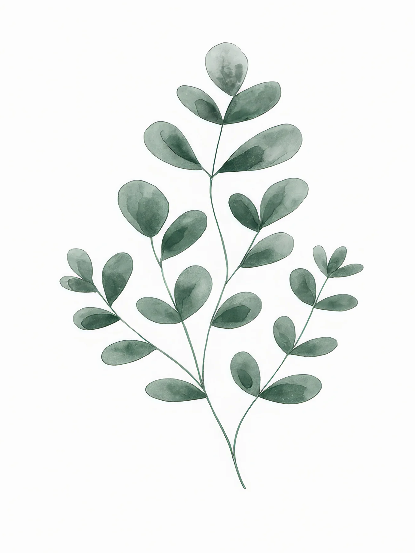 Onlly poster, Leafy Stems in Green Pots: Several leafy stems rise from simple muted-green vessels.