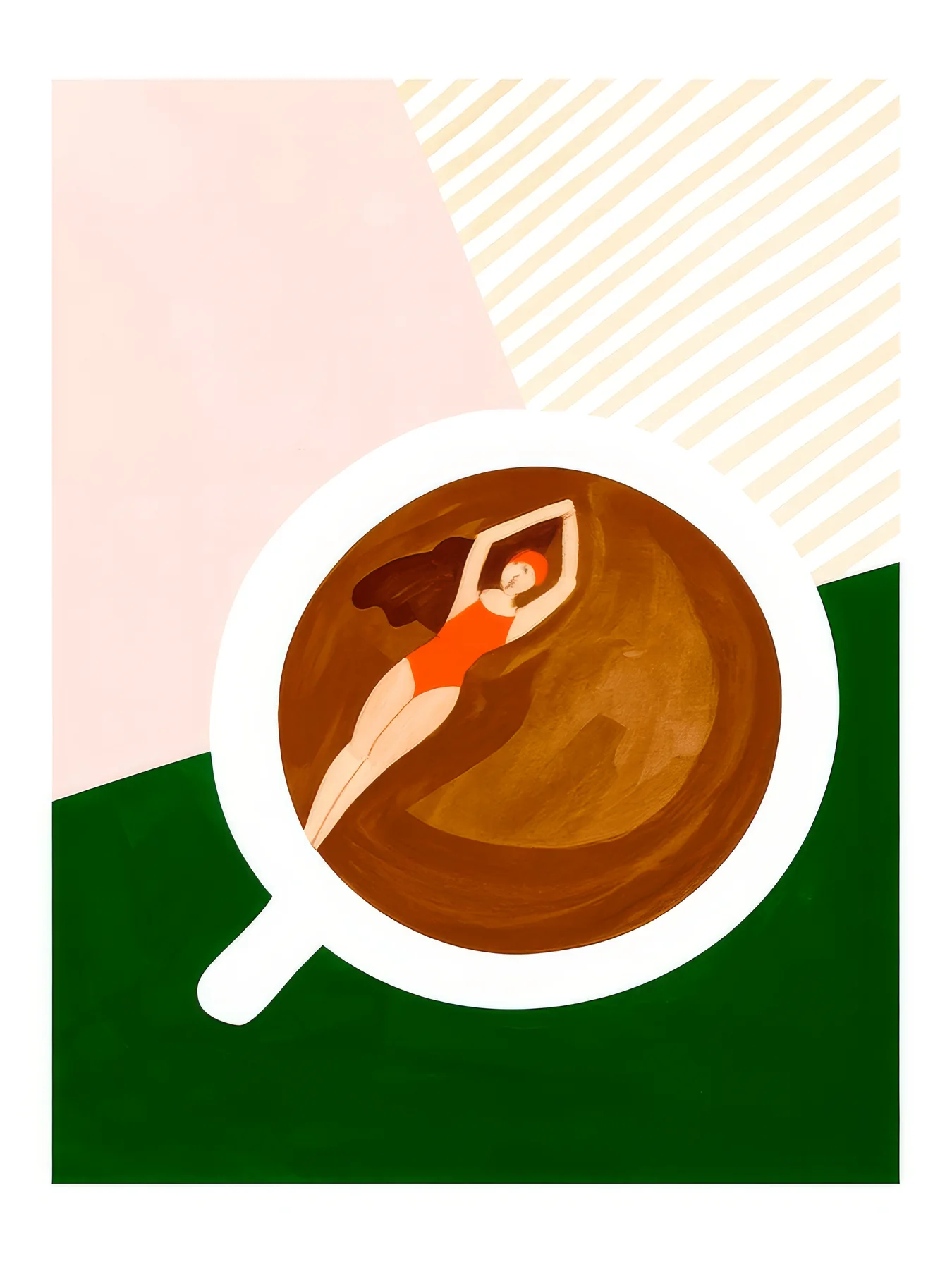 Onlly poster, Coffee Cup from Above: A cup of dark coffee and pale saucer are seen from above with soft striped light.