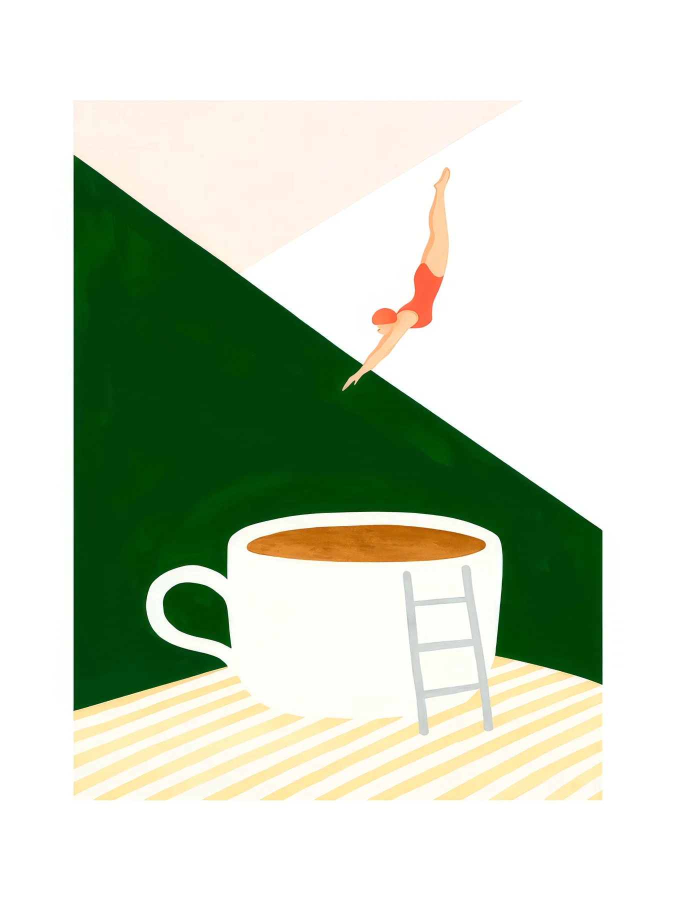 Onlly poster, Cup and Small Figure: A pale cup and a tiny seated figure create a playful scene within green geometry.