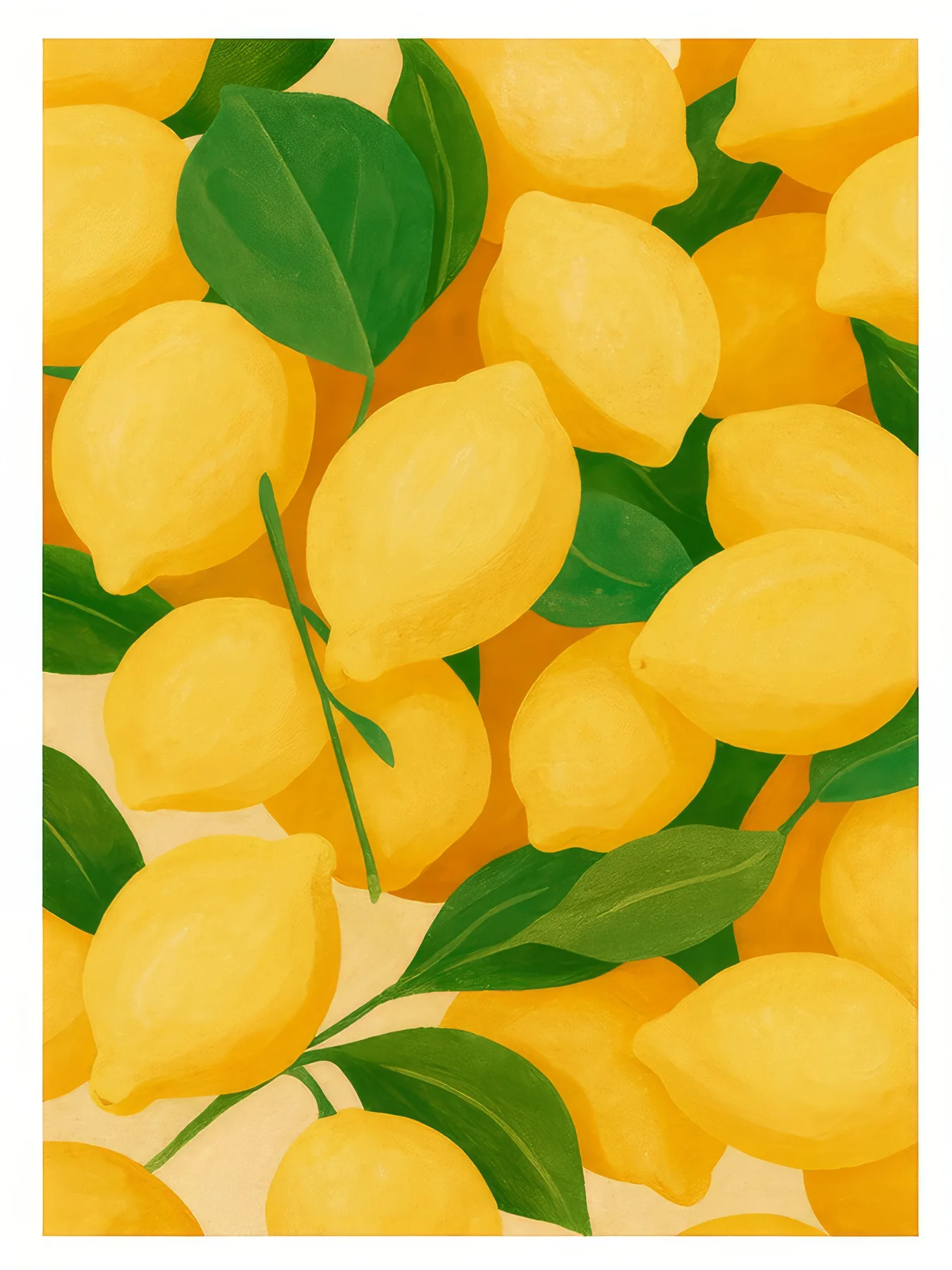 Onlly poster, Bright Lemons and Green Leaves: A cluster of yellow lemons and fresh foliage fills a bright green field.
