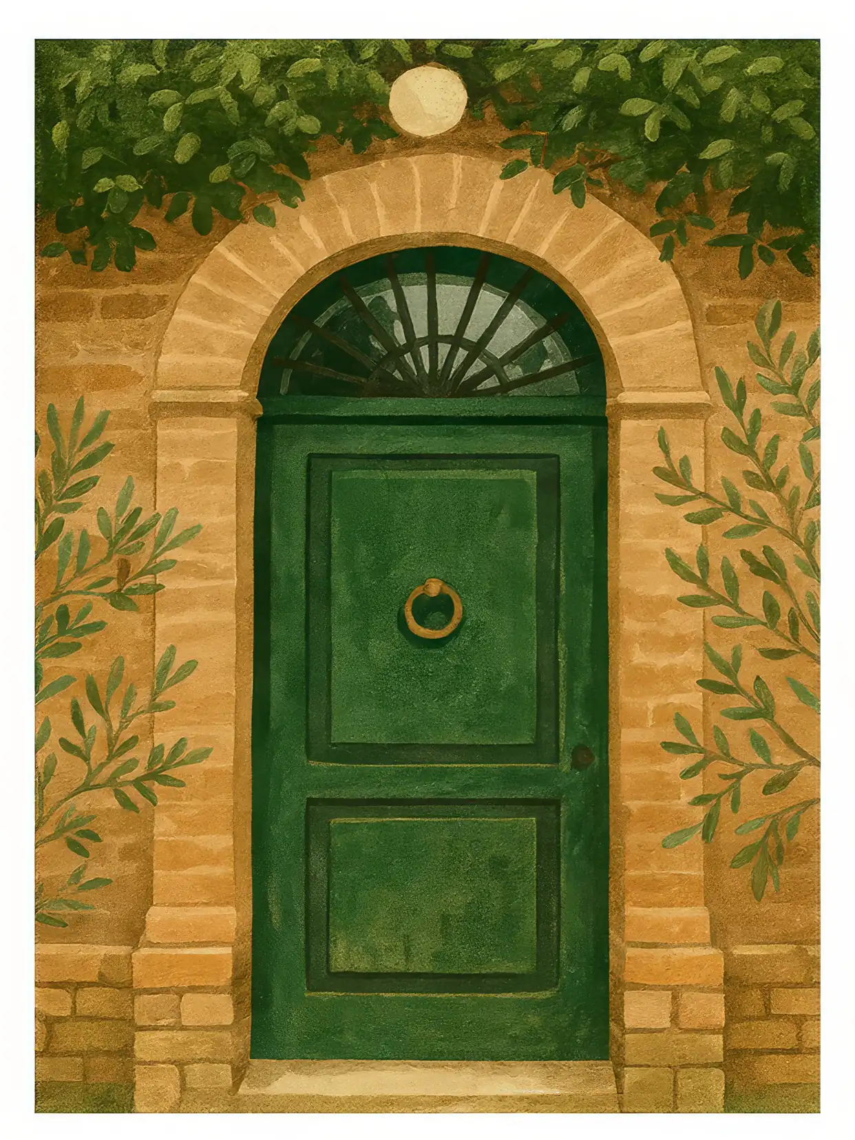 Onlly poster, Arched Green Doorway: A dark green door sits within warm stone and climbing greenery.
