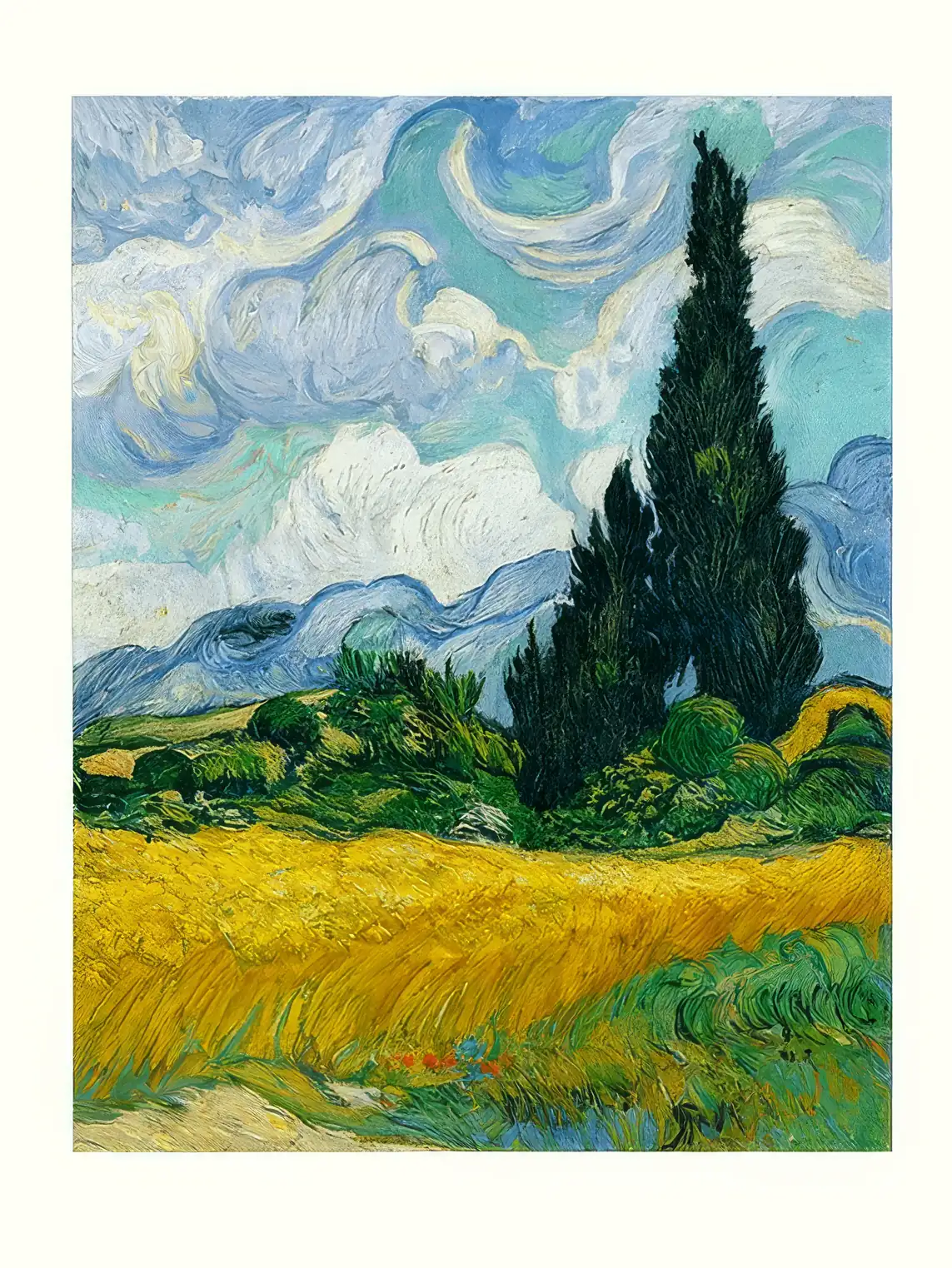 Onlly poster, Golden Field beneath a Blue Sky: A bright field and dark cypress trees lead toward blue-green hills.
