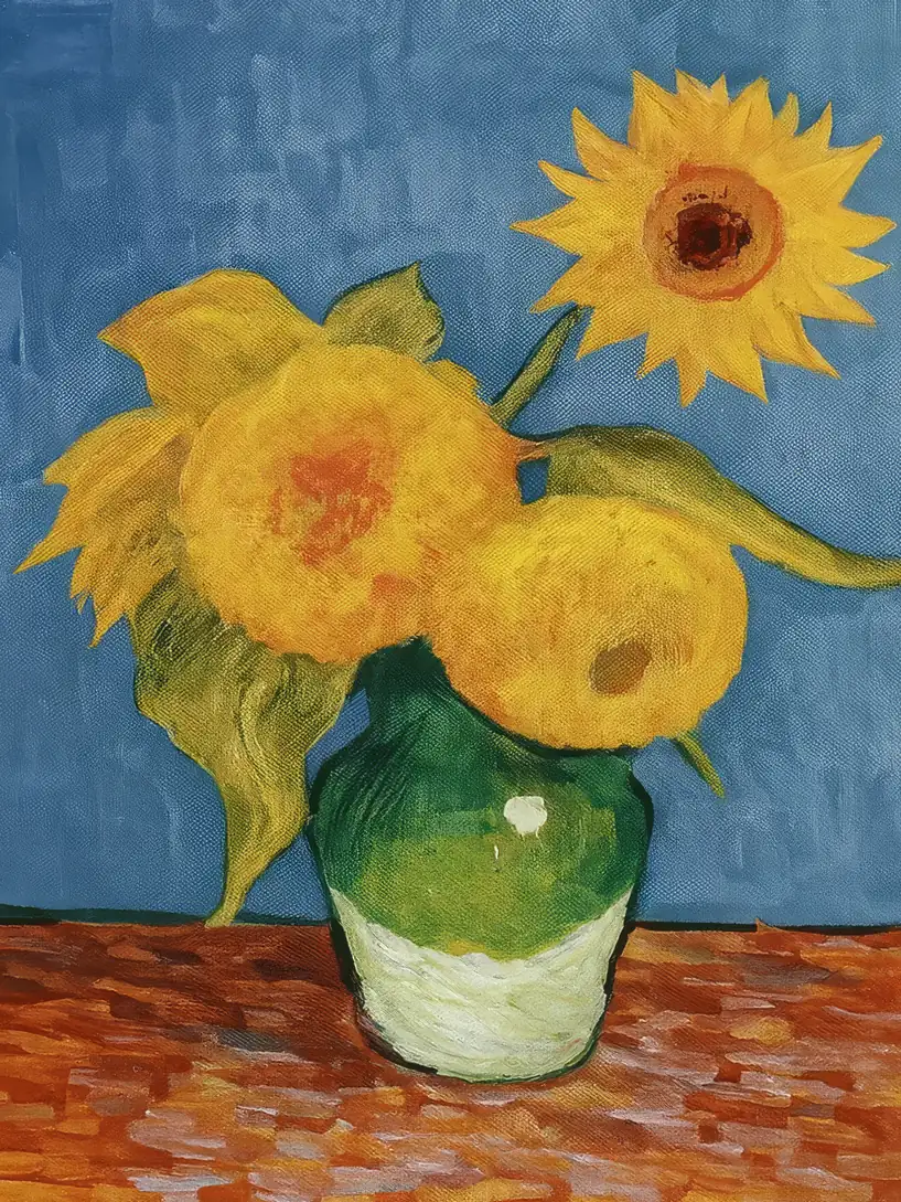 Onlly poster, Sunflowers in a Green Vase: Golden sunflowers stand in a green vessel against deep blue.