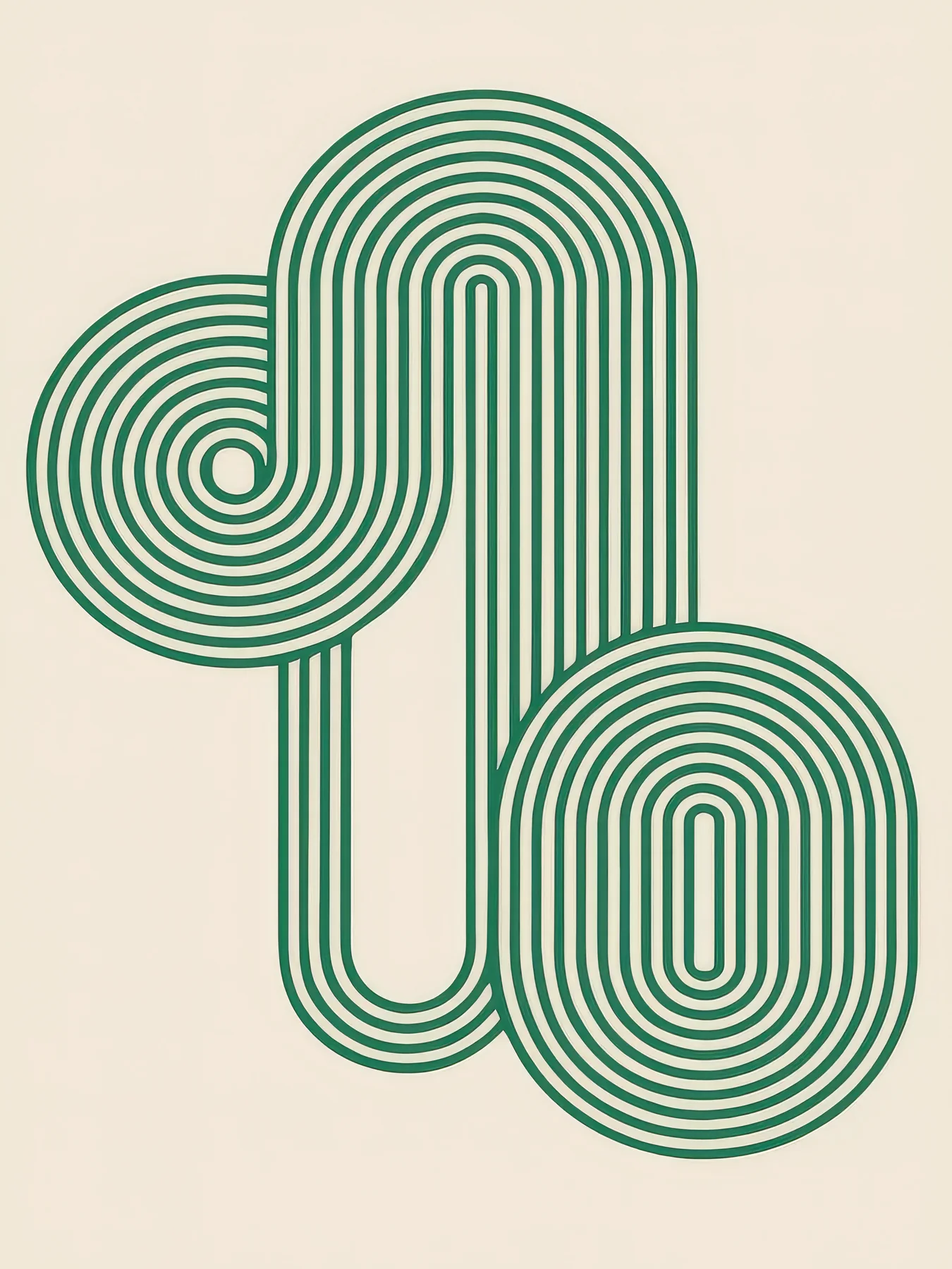 Onlly poster, Green Looping Line Pattern: Fine dark green lines form two rounded looping shapes on a pale field.