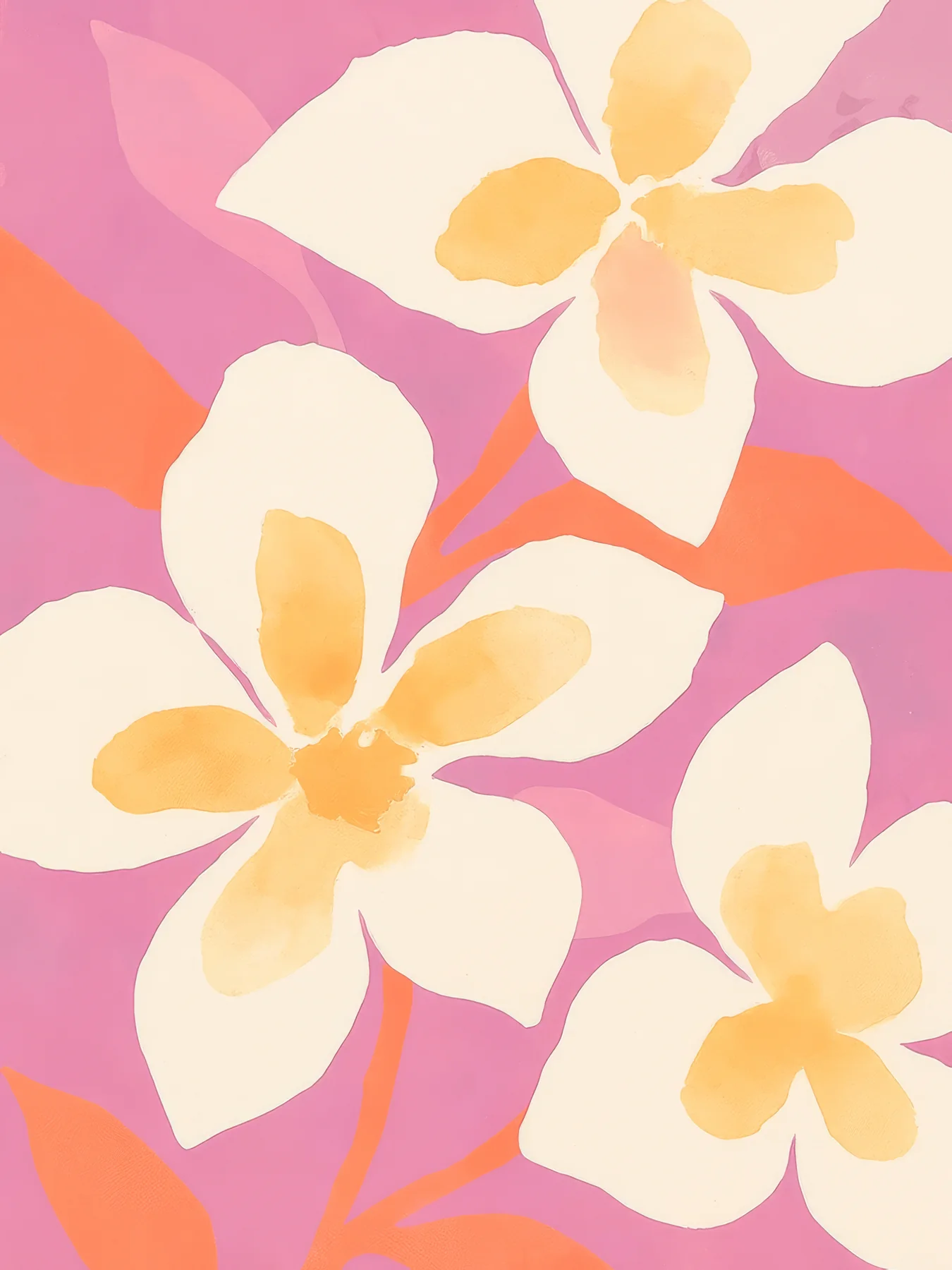 Onlly poster, Pink and Yellow Blossoms: Large pale flowers and soft green stems fill a warm pink composition.
