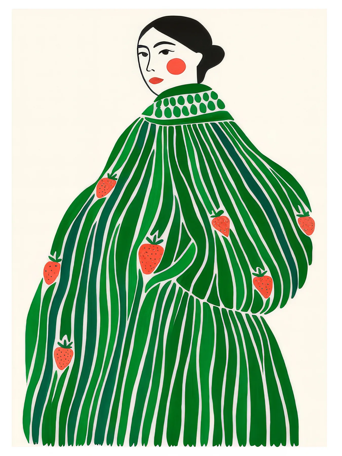 Onlly poster, Woman in a Green Striped Outfit: A woman with a dark bob wears a green striped top with small red motifs.