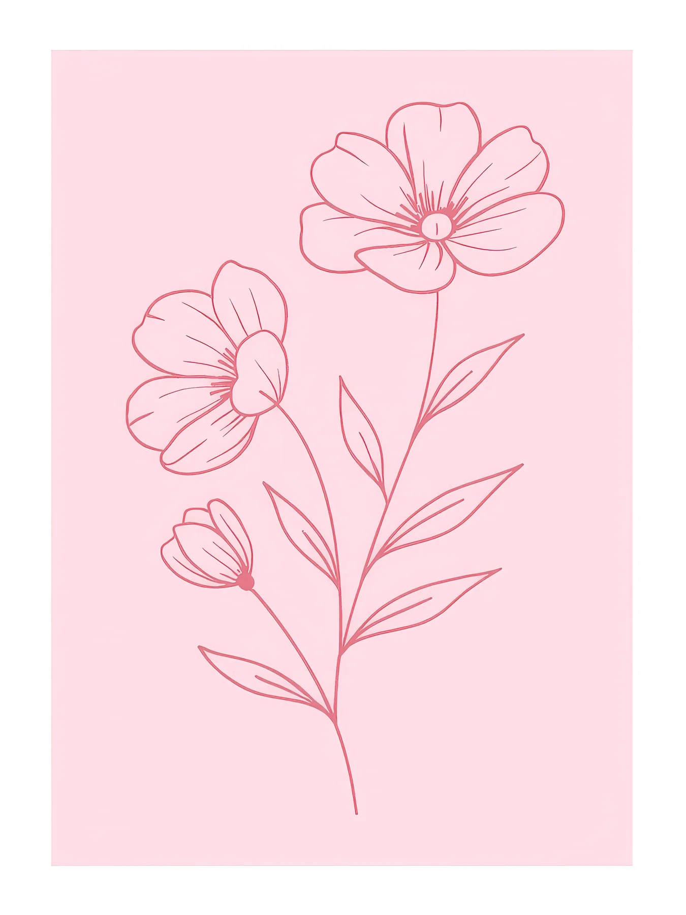 Onlly poster, Fine Pink Flower Drawing: A delicate line drawing of a small blossom and leaves sits on blush pink.