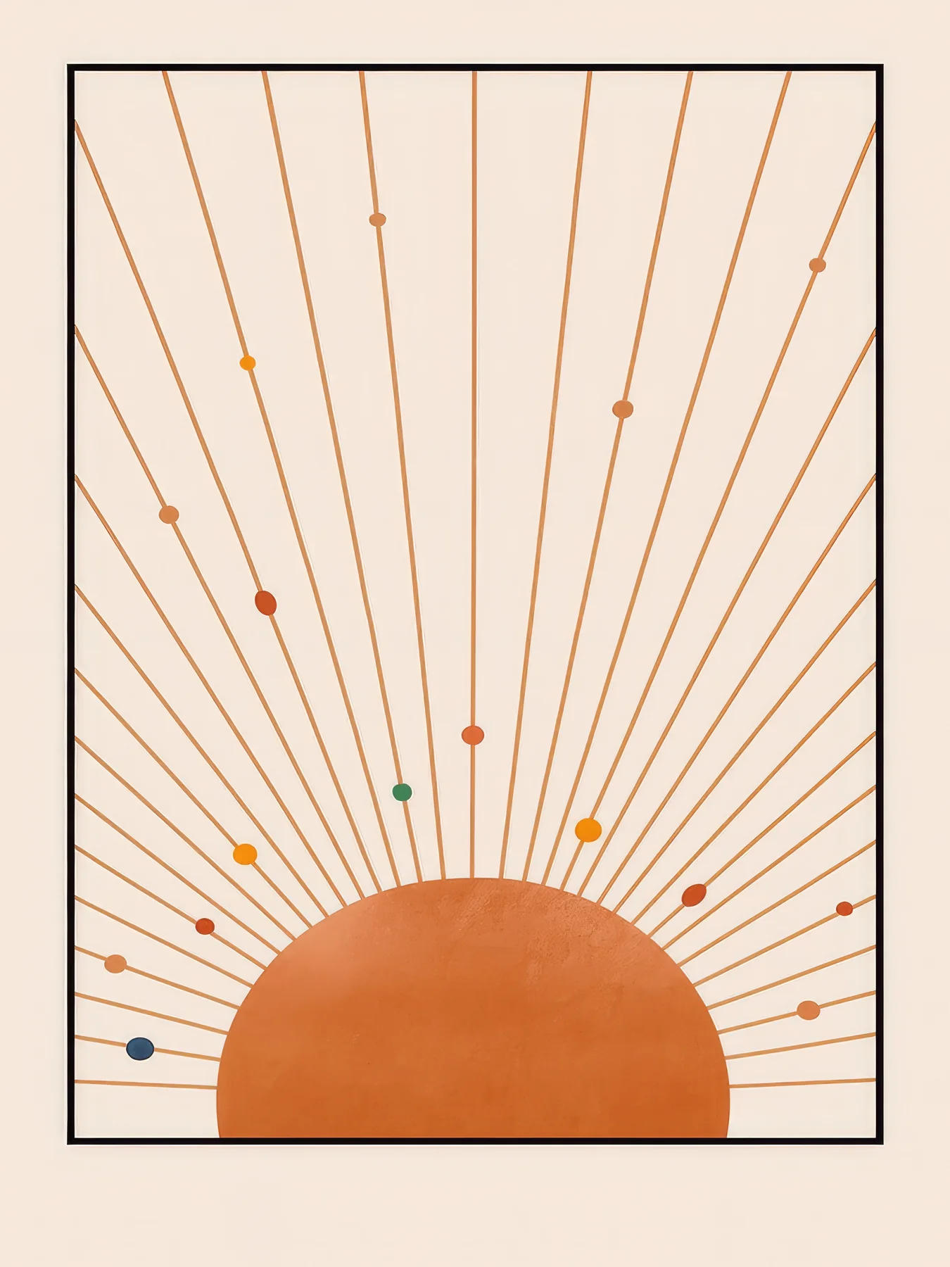 Onlly poster, Sunburst in a Fine Frame: A low golden sun sends fine rays upward within a delicate rectangular border.