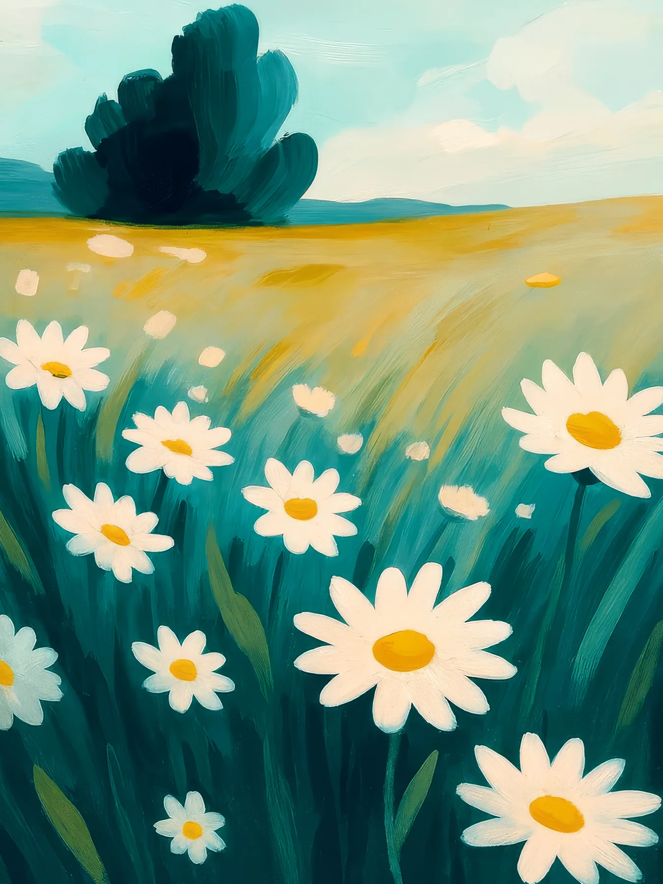 Onlly poster, White Daisies in a Blue Meadow: White flowers spread across a bright green-blue field beneath a pale sky.