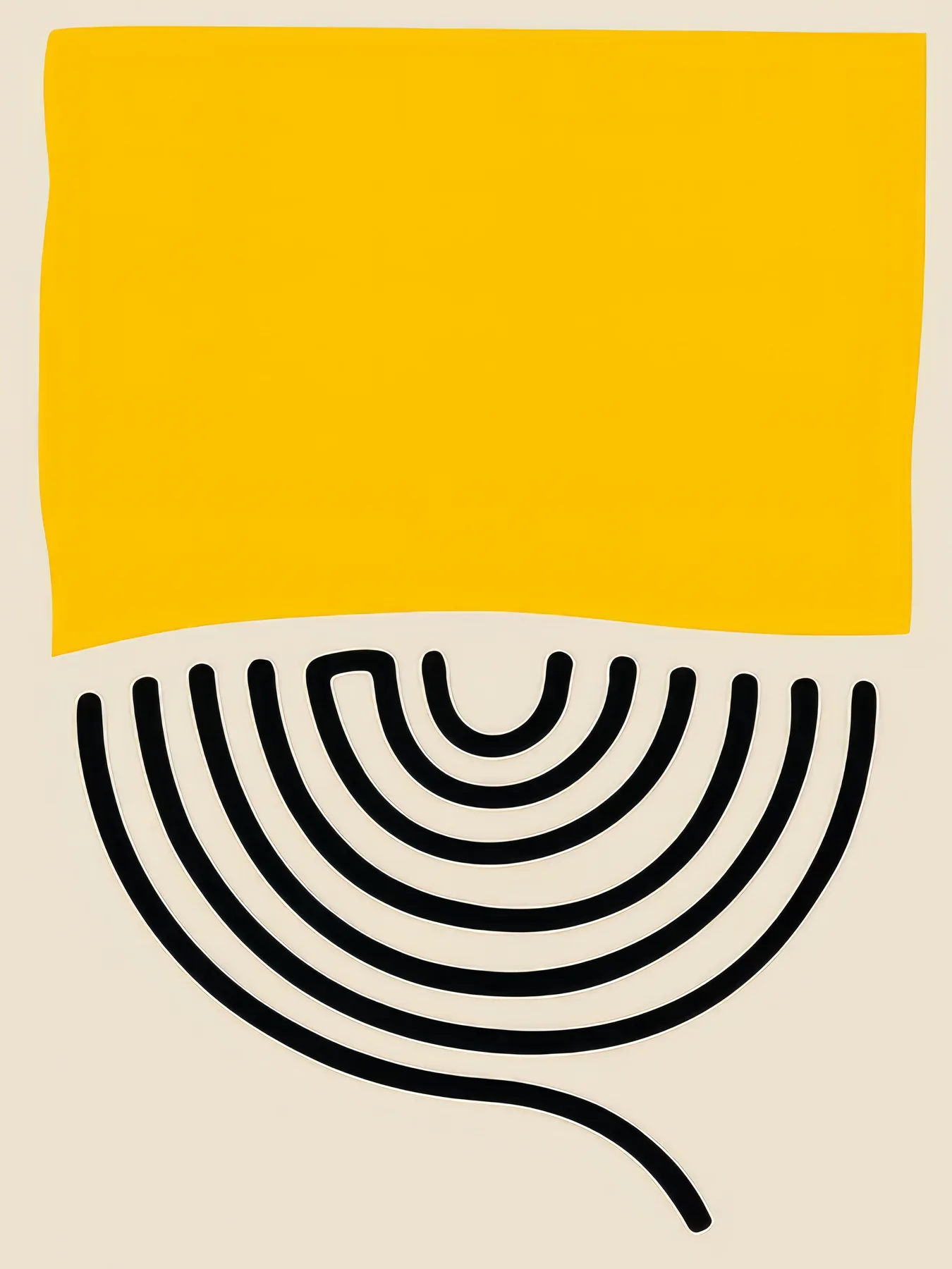 Onlly poster, Yellow and Black Arc Pattern: A golden block and black curved lines form a balanced abstract print.